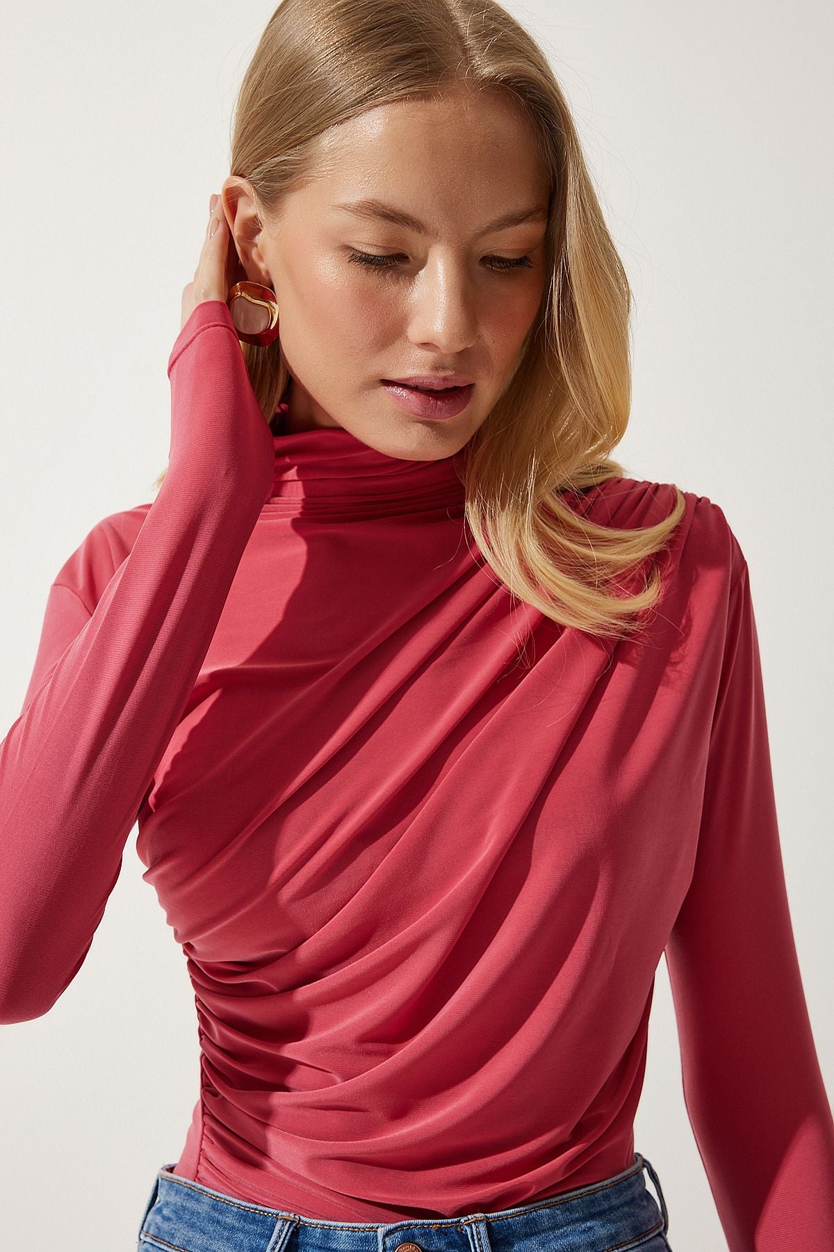 Female Candy Pink Shirness Detailed Sandy Blouse FF00135
