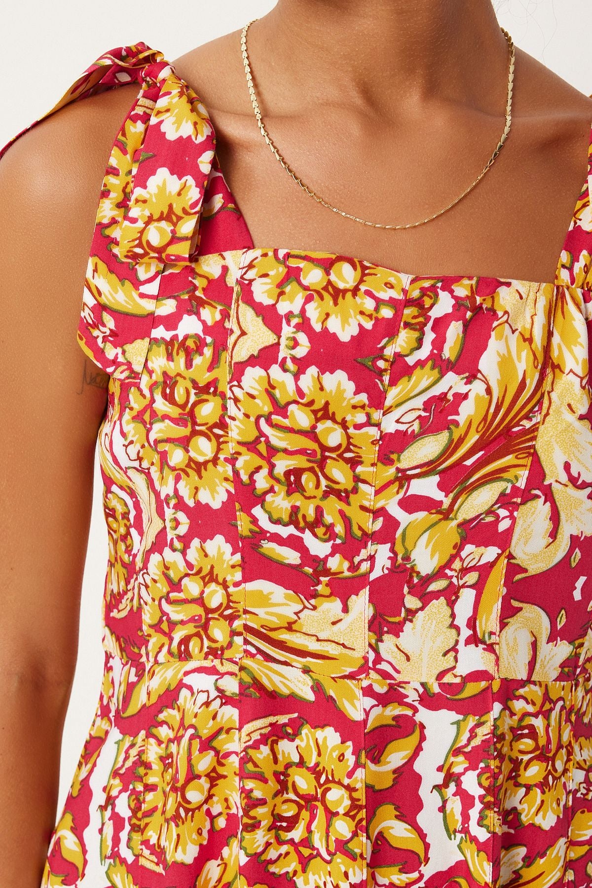 Woman Dark Pink Yellow Yellow Thick Hanger Patterned Summer Mini Viscose Dress FN03238