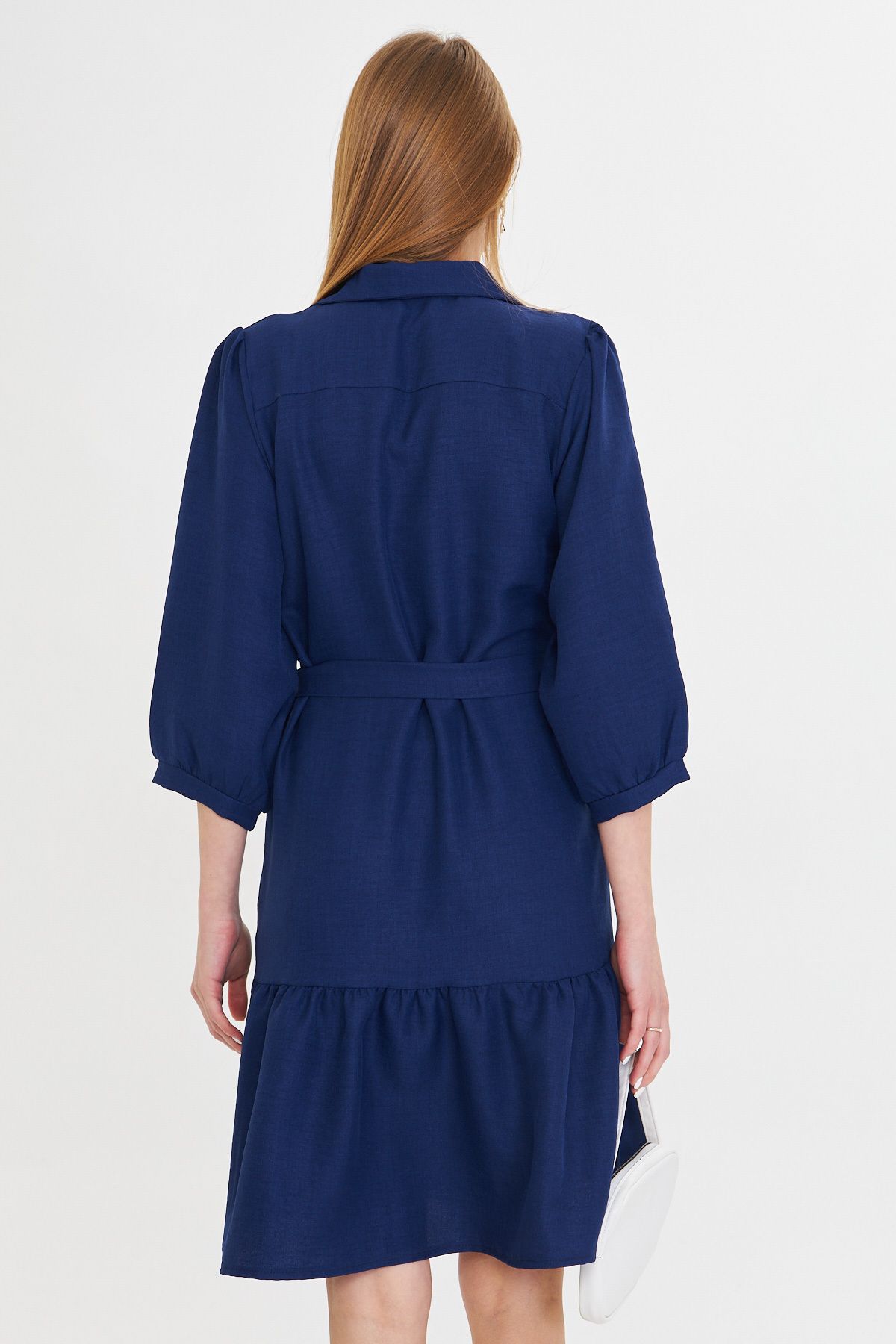 Female navy blue shirt collar quarter arm waist belt skirt shirred dress ARM-25Y001010