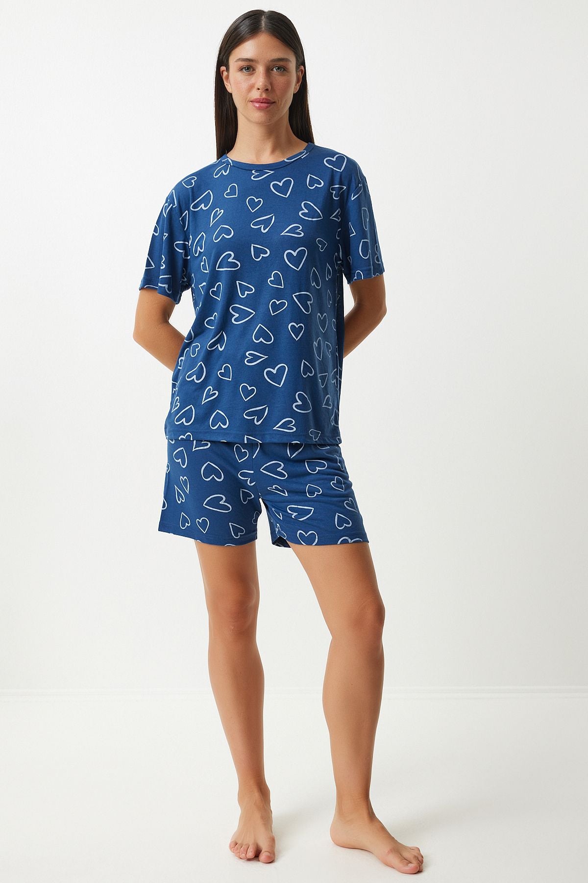 Female navy blue patterned viscose shorts T-shirt pajama set EC00045