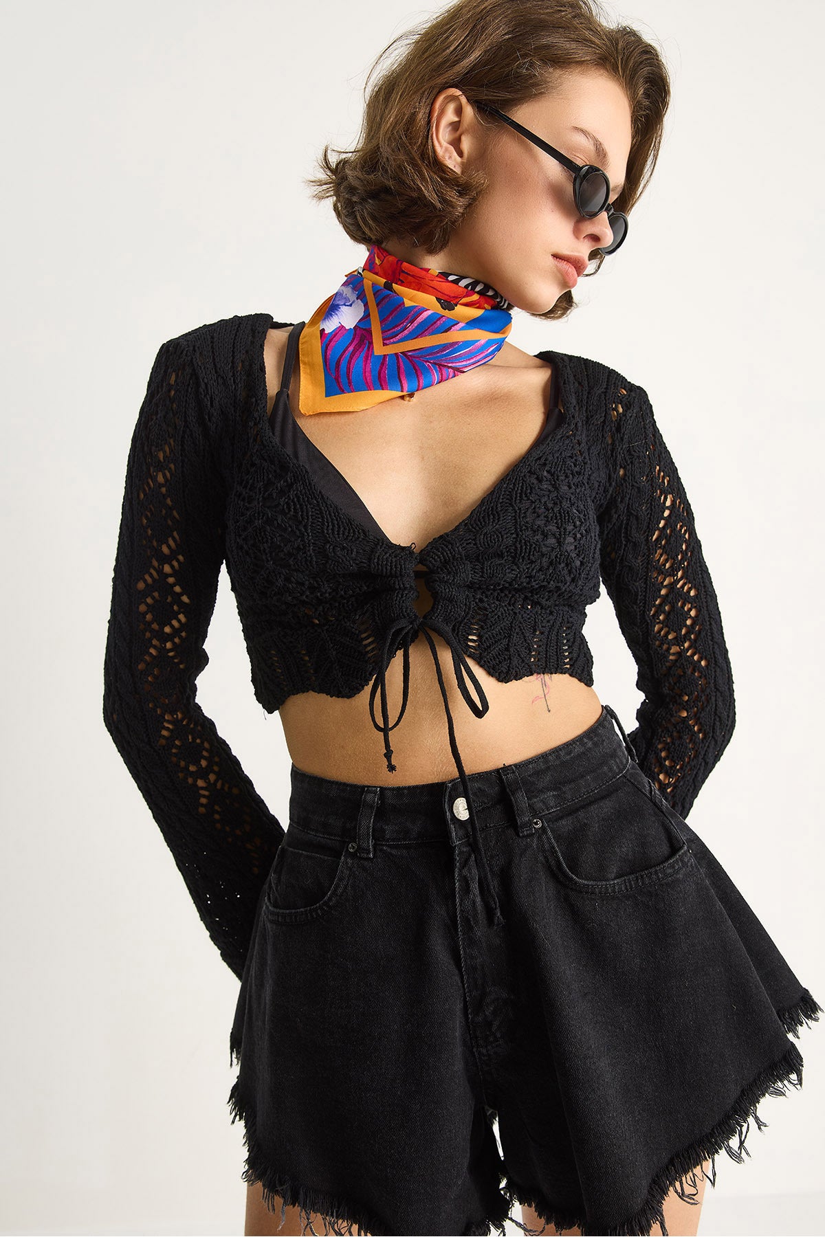 Women's Tie-Front Openwork Knitted Blouse 20259805