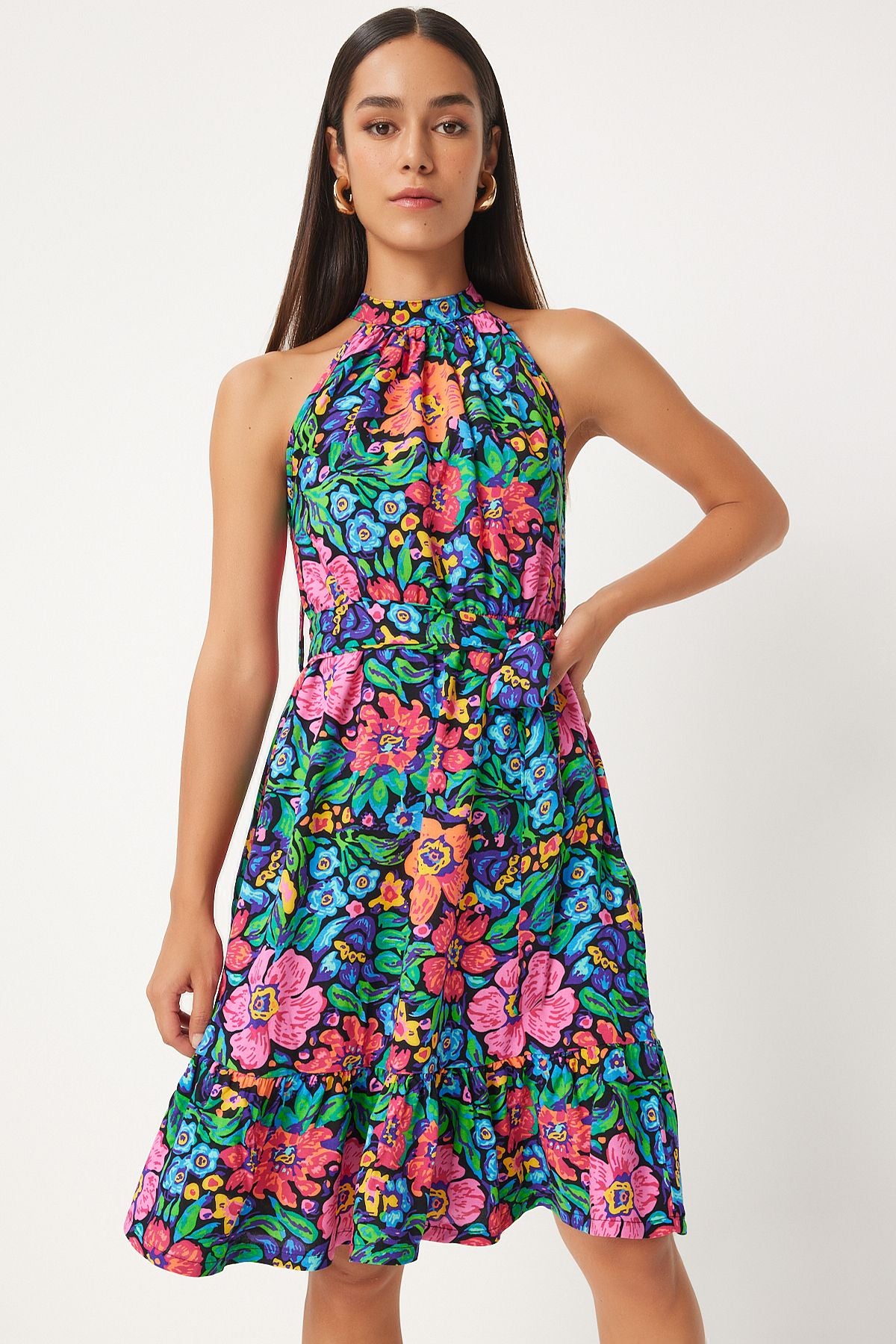 Woman Pink Blue Belt Flower Patterned Midi Dress AN00204