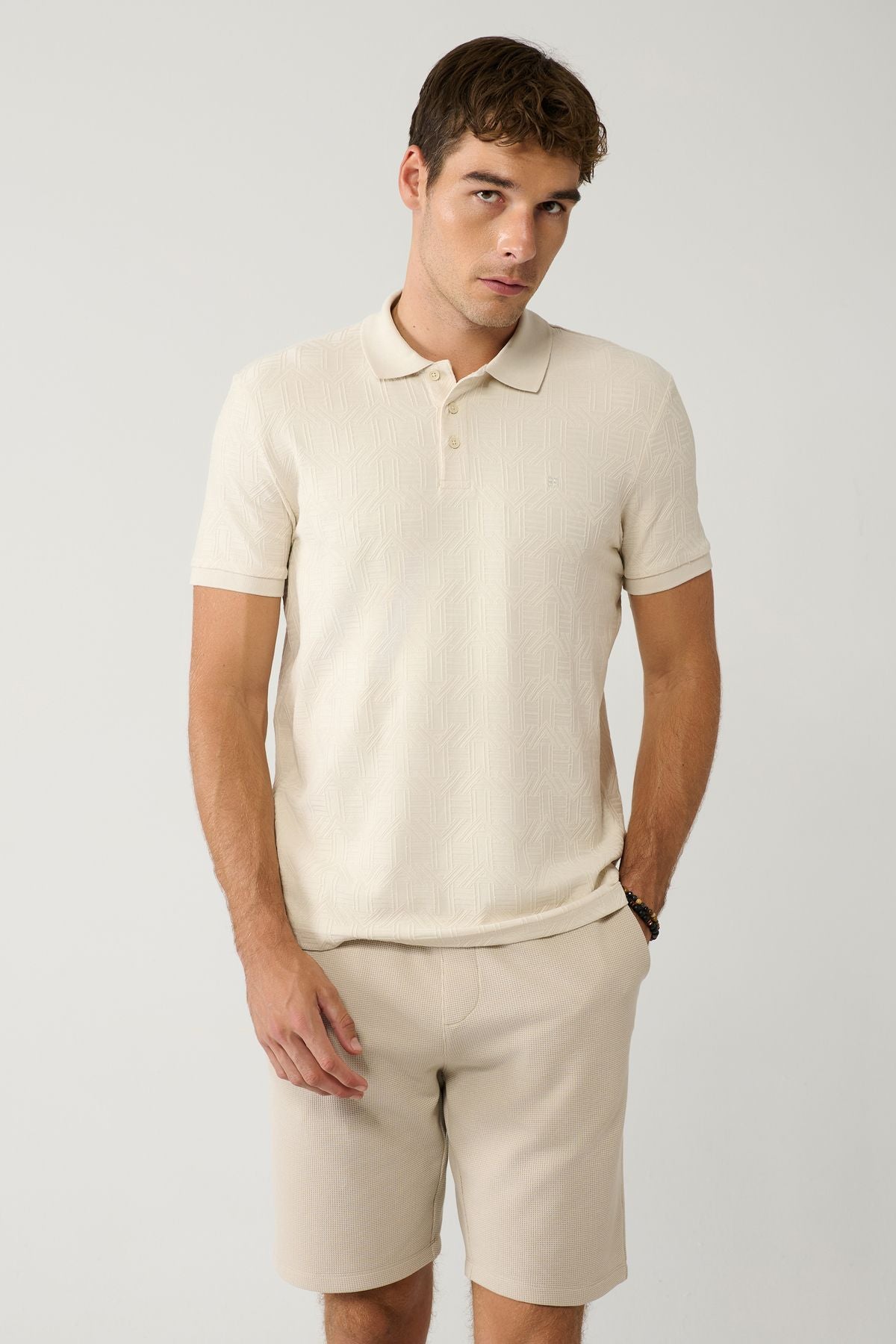 Men's Beige Polo Yaka Jacquard Cotton T-shirt A41y1040