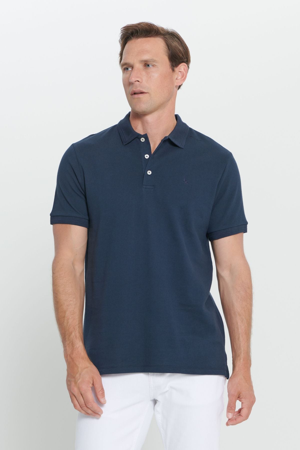 Men's navy blue slim fit narrow cut polo collar 100 %cotton short sleeve t -shirt