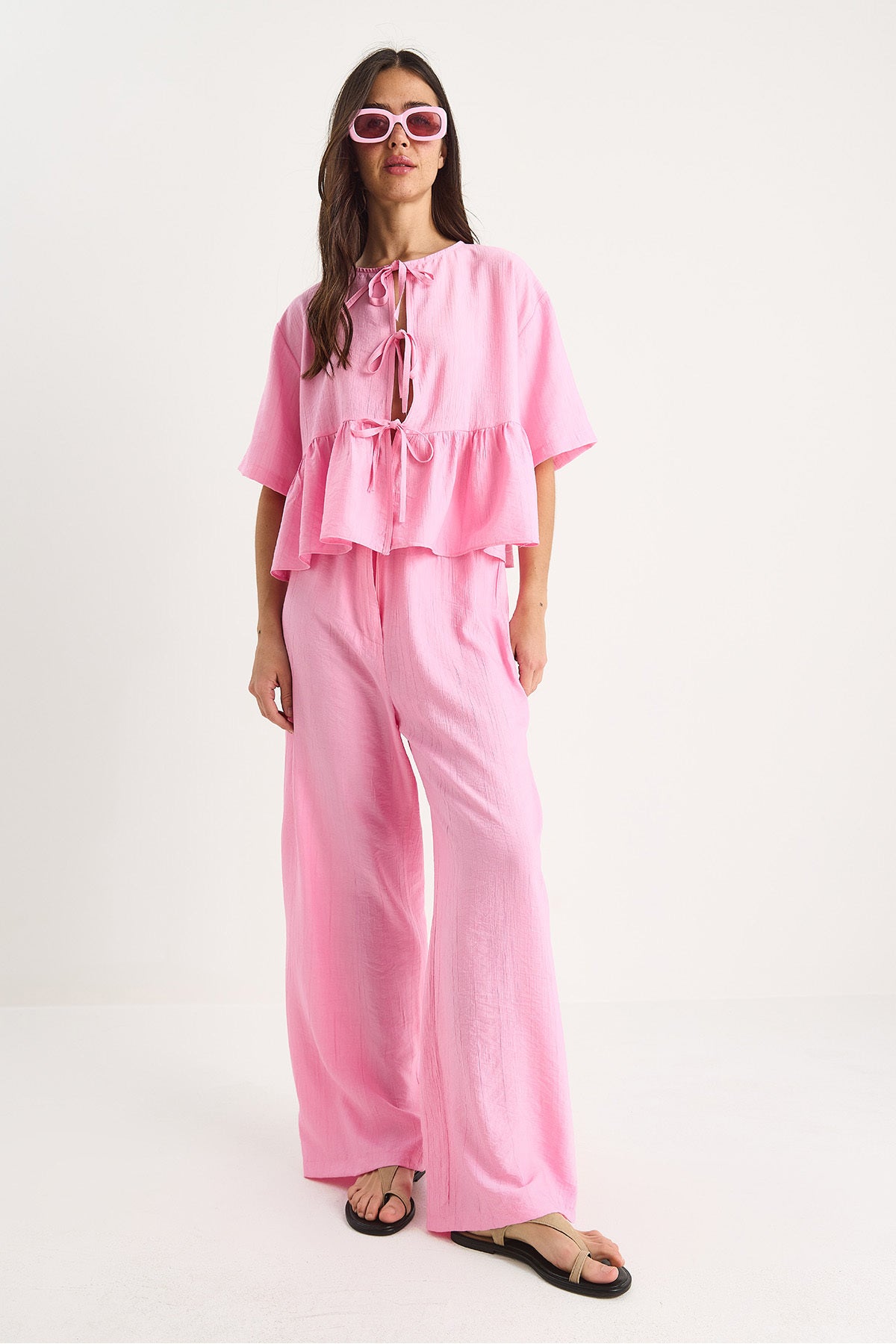 Women's Tie Detailed Short Sleeve Blouse Trousers Bottom-Top Set 9265 60281014