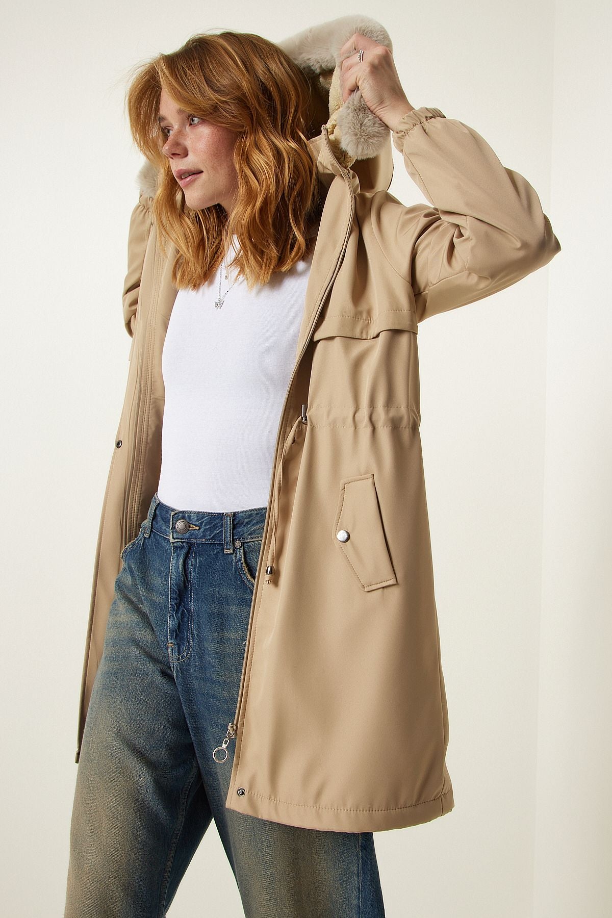 Fur furry coat with a woman beige hooded DD01292