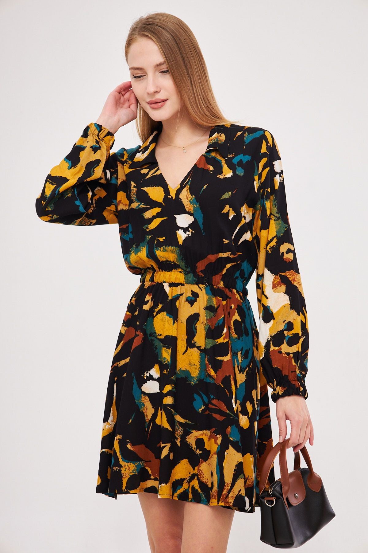 Female mustard shirt collar detailed waist arm tire closes dress ARM-25K001043