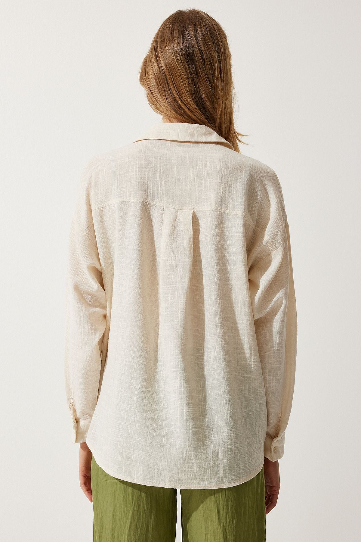 Female Cream Pocket Oversizle Linen Shirt MX00152