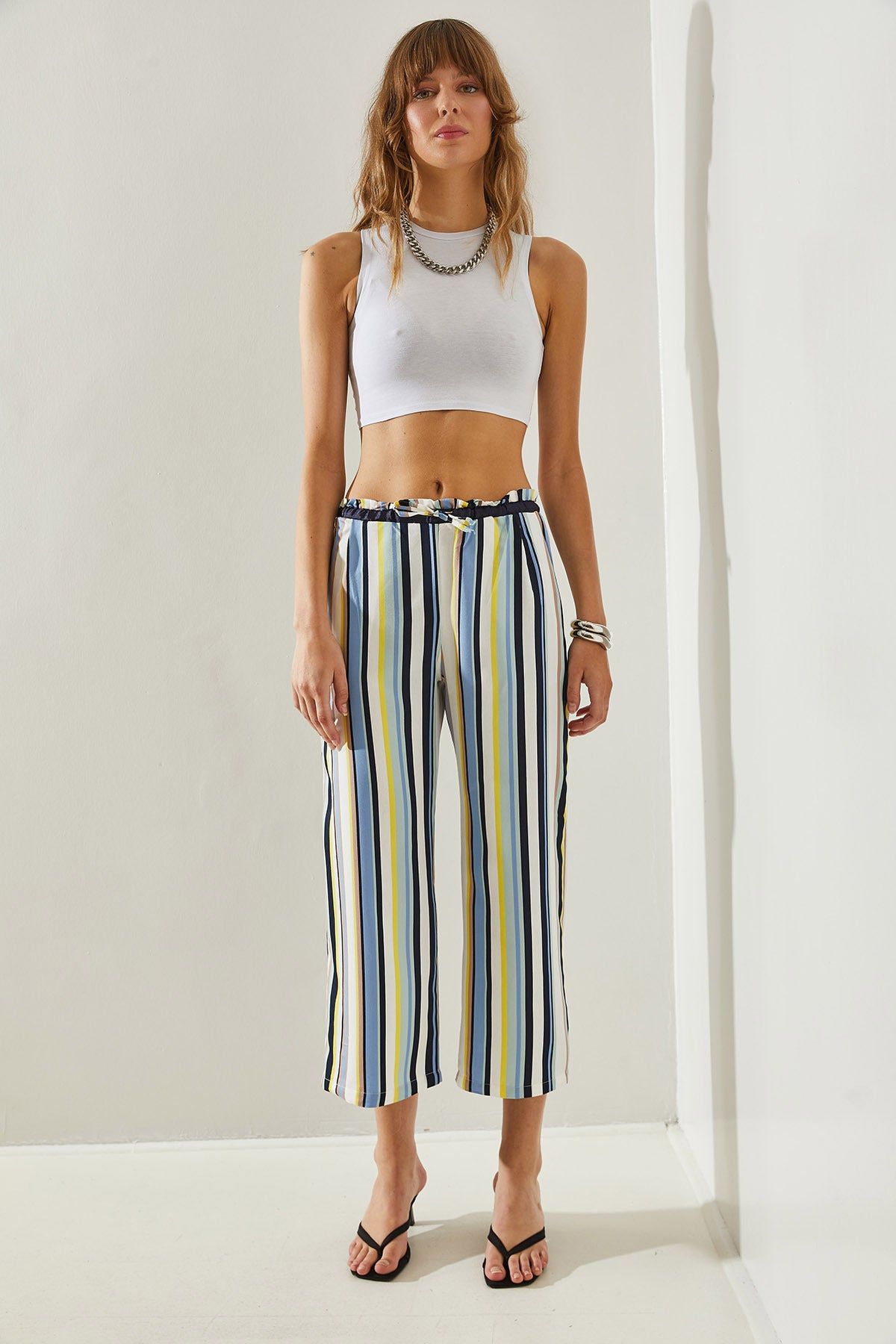 Women's Striped Elastic Waist Tie Palazzo Trousers 60251355