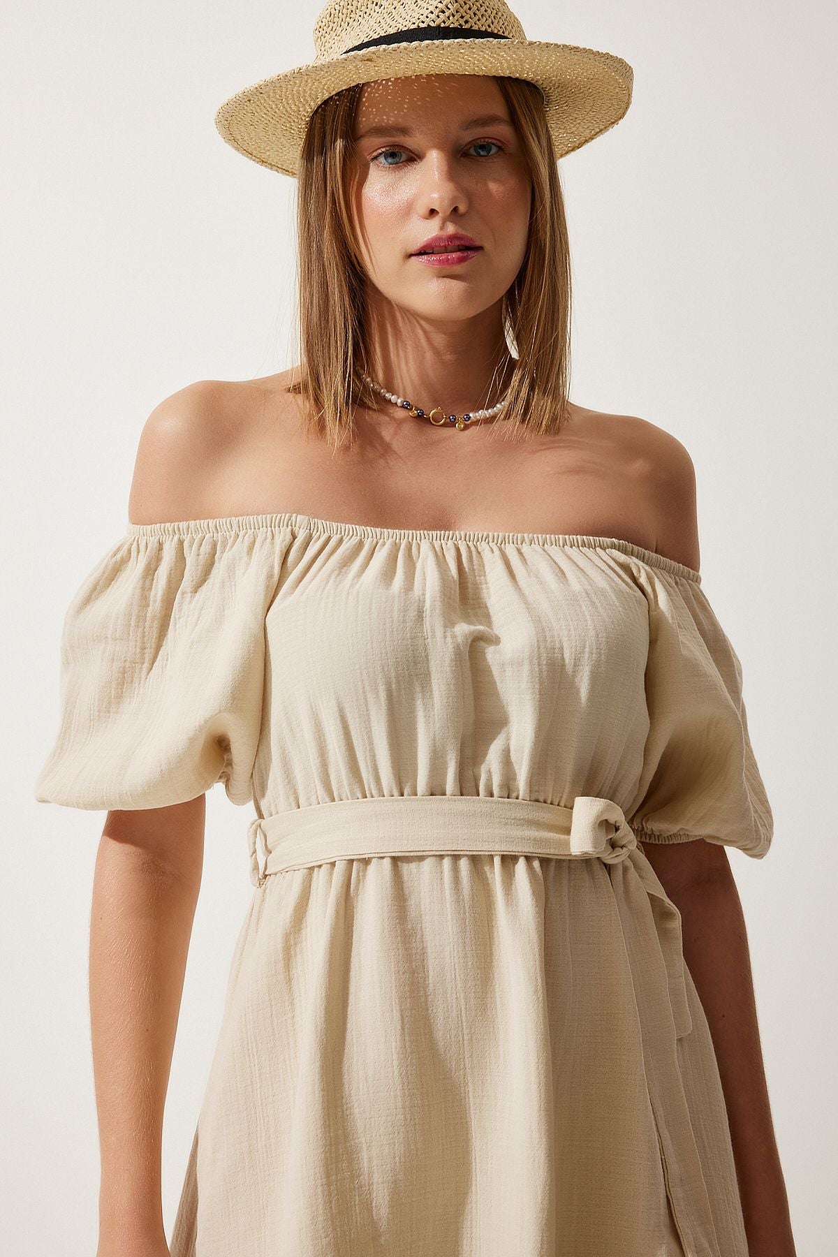 Women's Cream Carmen collar belt cottage Muslin dress MX00157