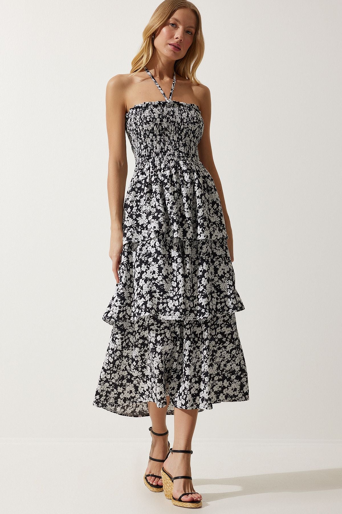 Female Black Flower Flower Summer Viscose Dress UB00226