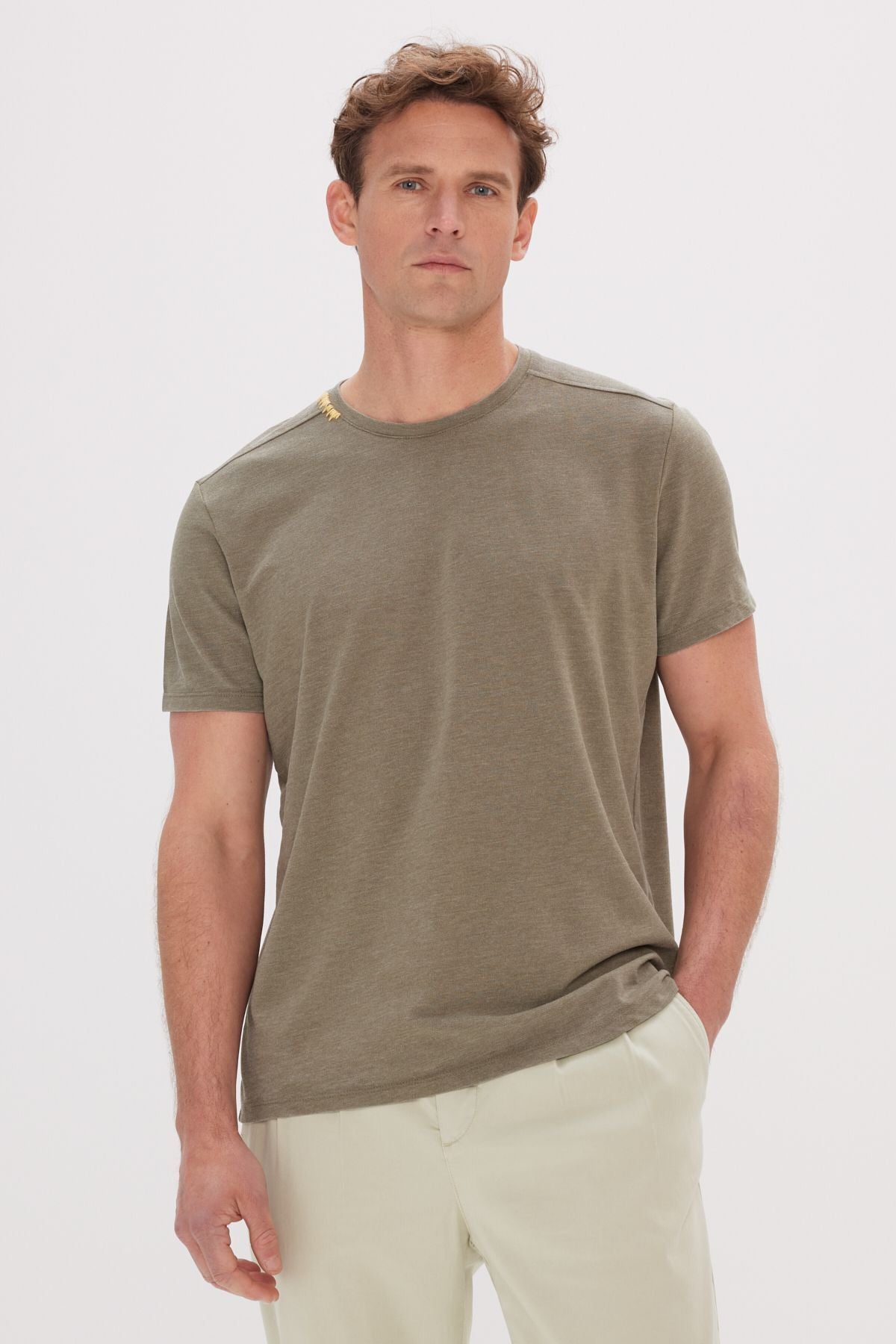Men's Khaki Slim Fit Narrow Cut Bicycle Collar Cotton T -shirt