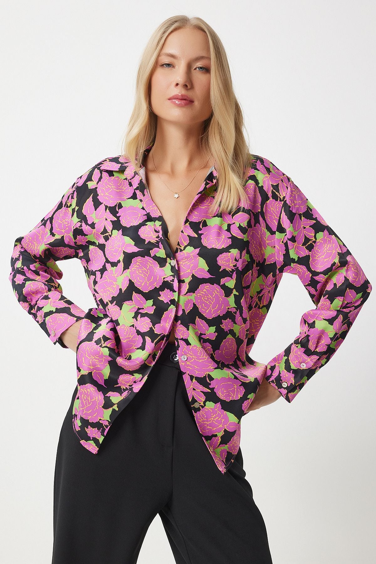 Female pink black flowering satin surface shirt HK00040