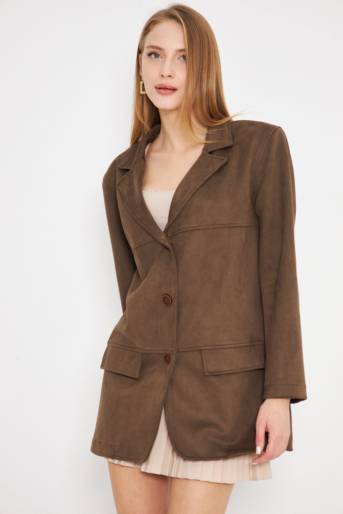 Woman Dark Coffee Coffee Credit Preceded Premium Premium Suede Oversize Jacket ARM-25K001057