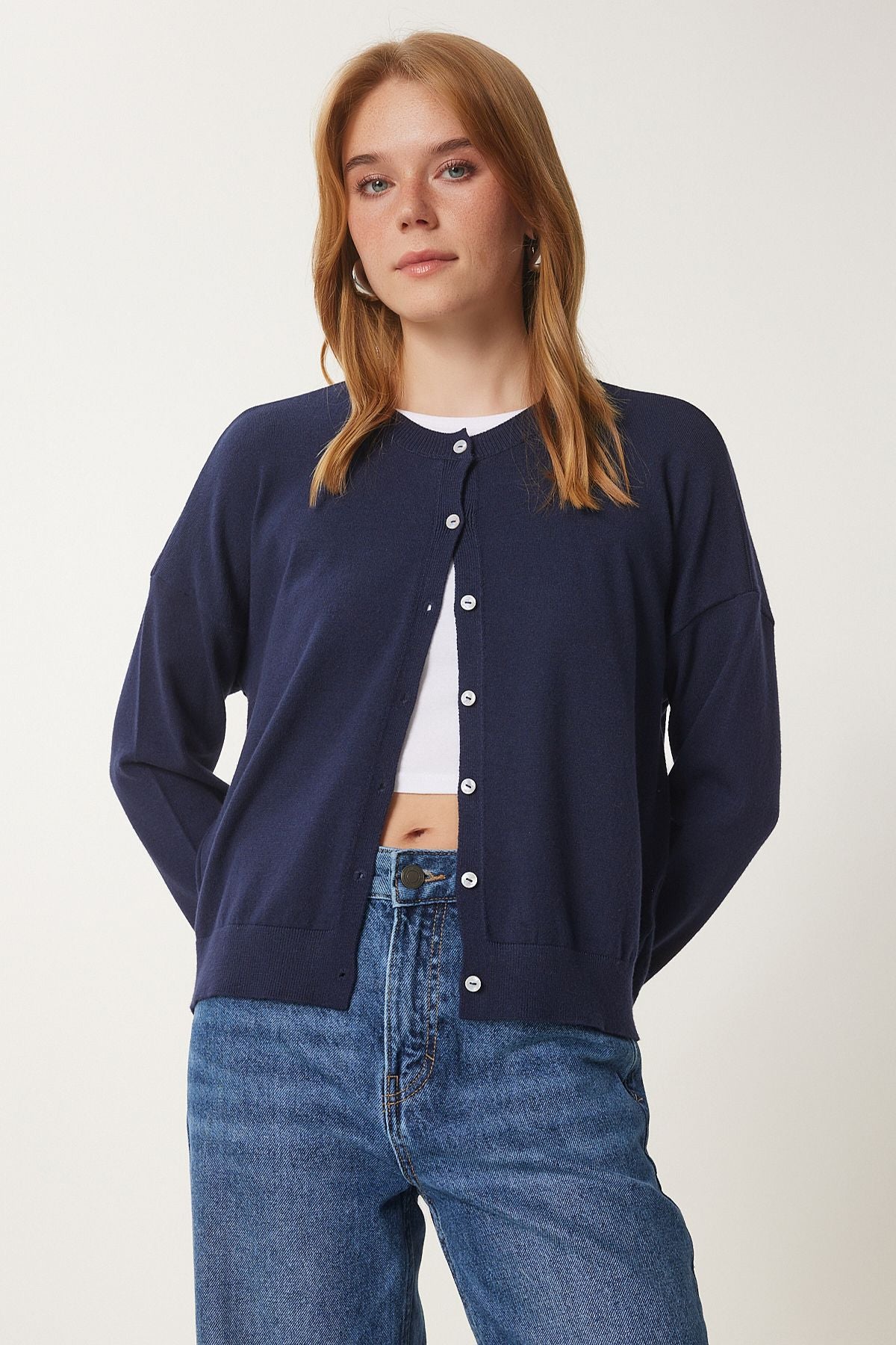 Women's Navy Blue Contrast Ribbon Detail Triko Cardigo US00953