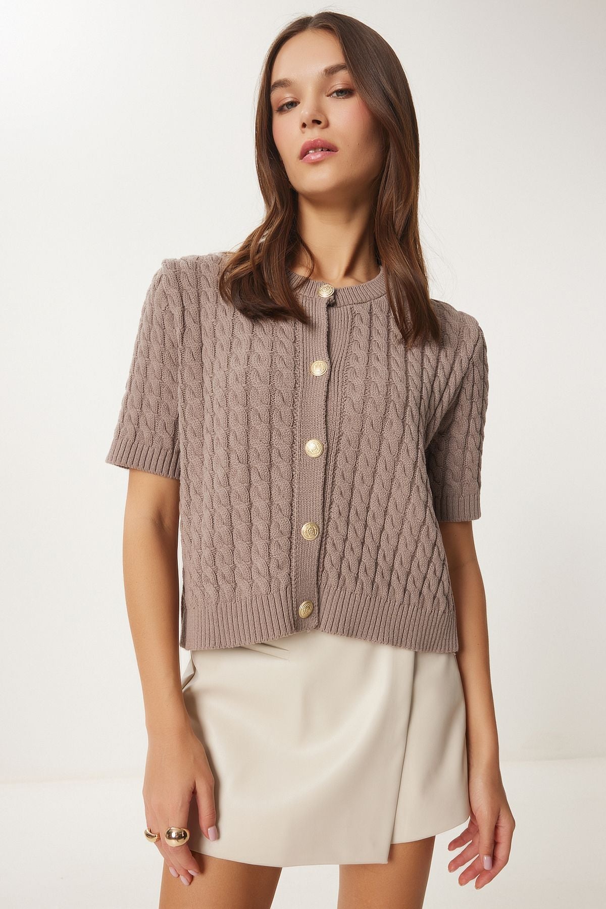 Female mink bike collar braided knitwear cardigan US00946