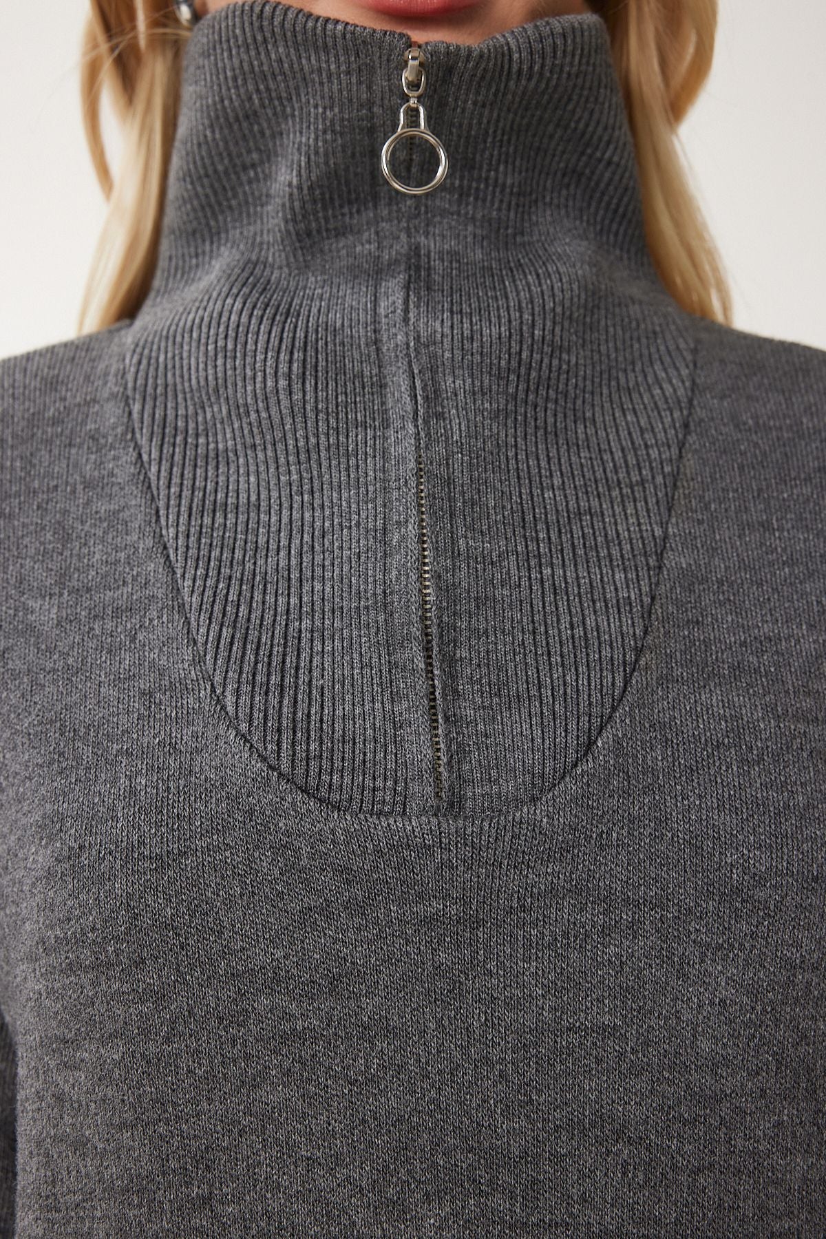 Female anthracite zipper collar Basic knitwear sweater pf00007