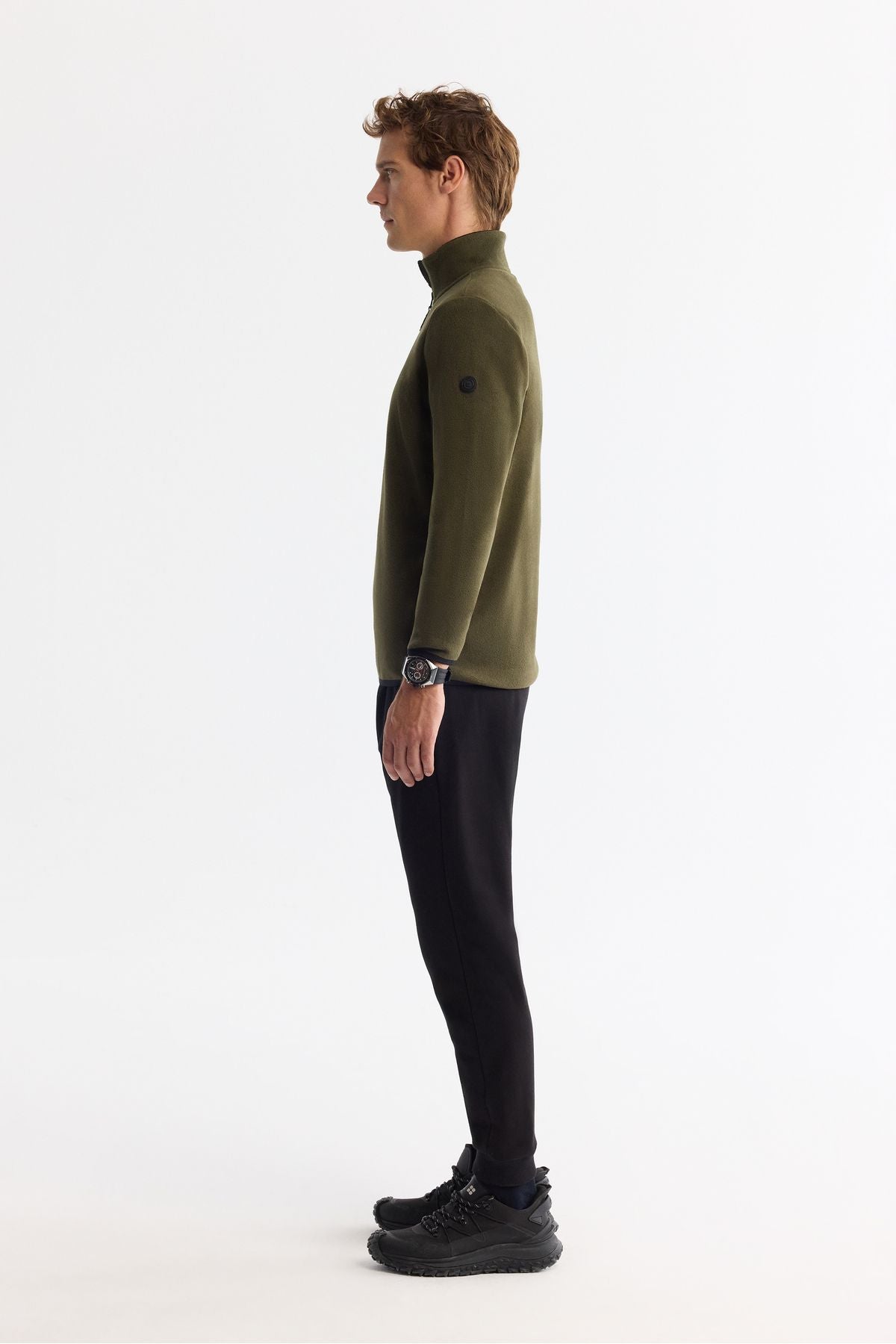 Men's green cold resistant half -zipper vertical polar sweatshirt E001068