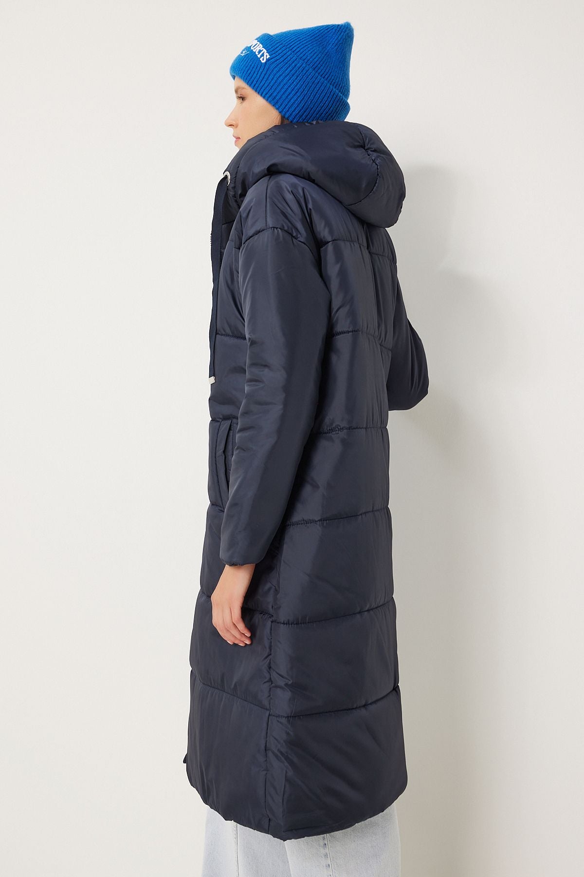 Women's Navy Blind Hooded Long Swelling Coat DD01006