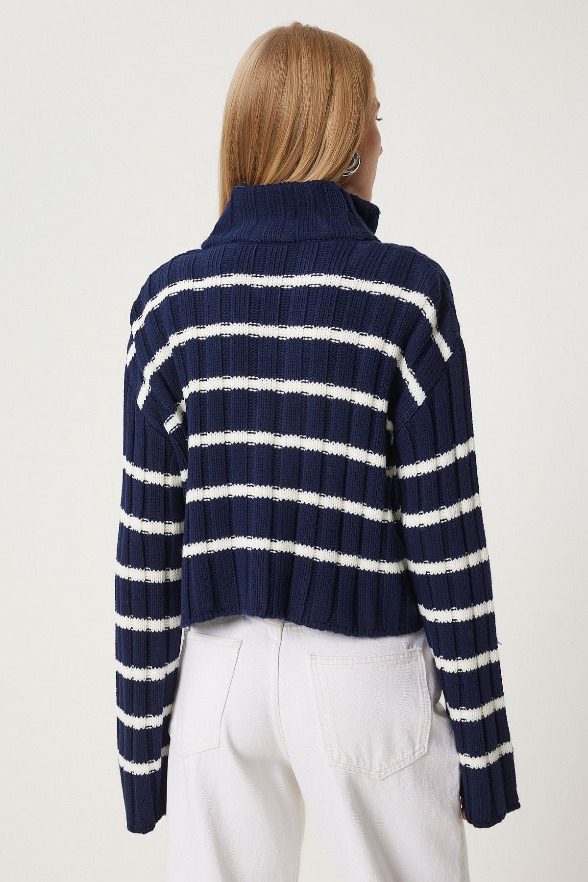 Woman Navy Blue Zipper striped upright collar knitwear cardigan pf00081