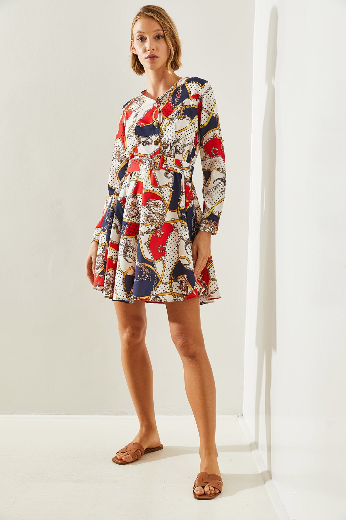 Women's V-Neck Button Detailed Chain Patterned Belted Dress 22127 60251609