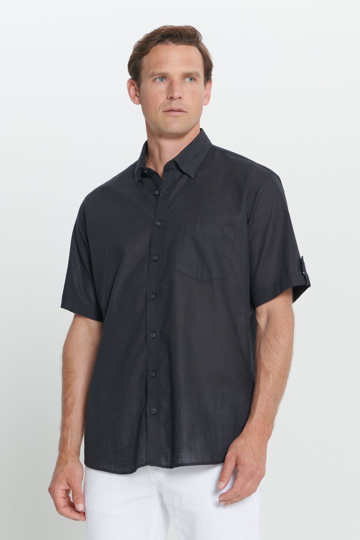 Men's Black Comfort Fit Casual Cutting Buttoned Neck Linen Look 100 %Cotton Short Sleeve Shirt