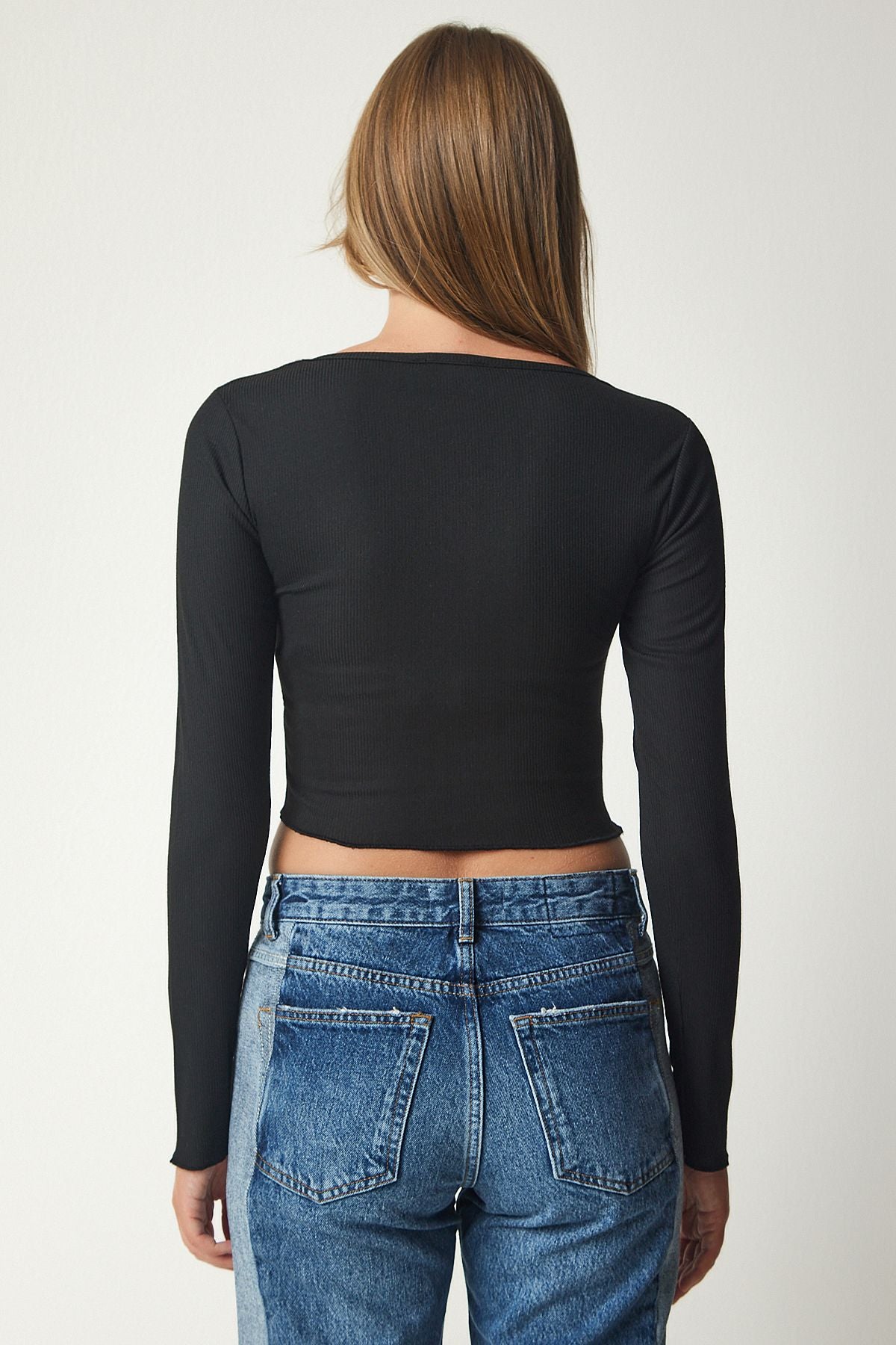 Kadın Gri Siyah V Yaka 2'Li Paket Crop Örme Bluz UB00202