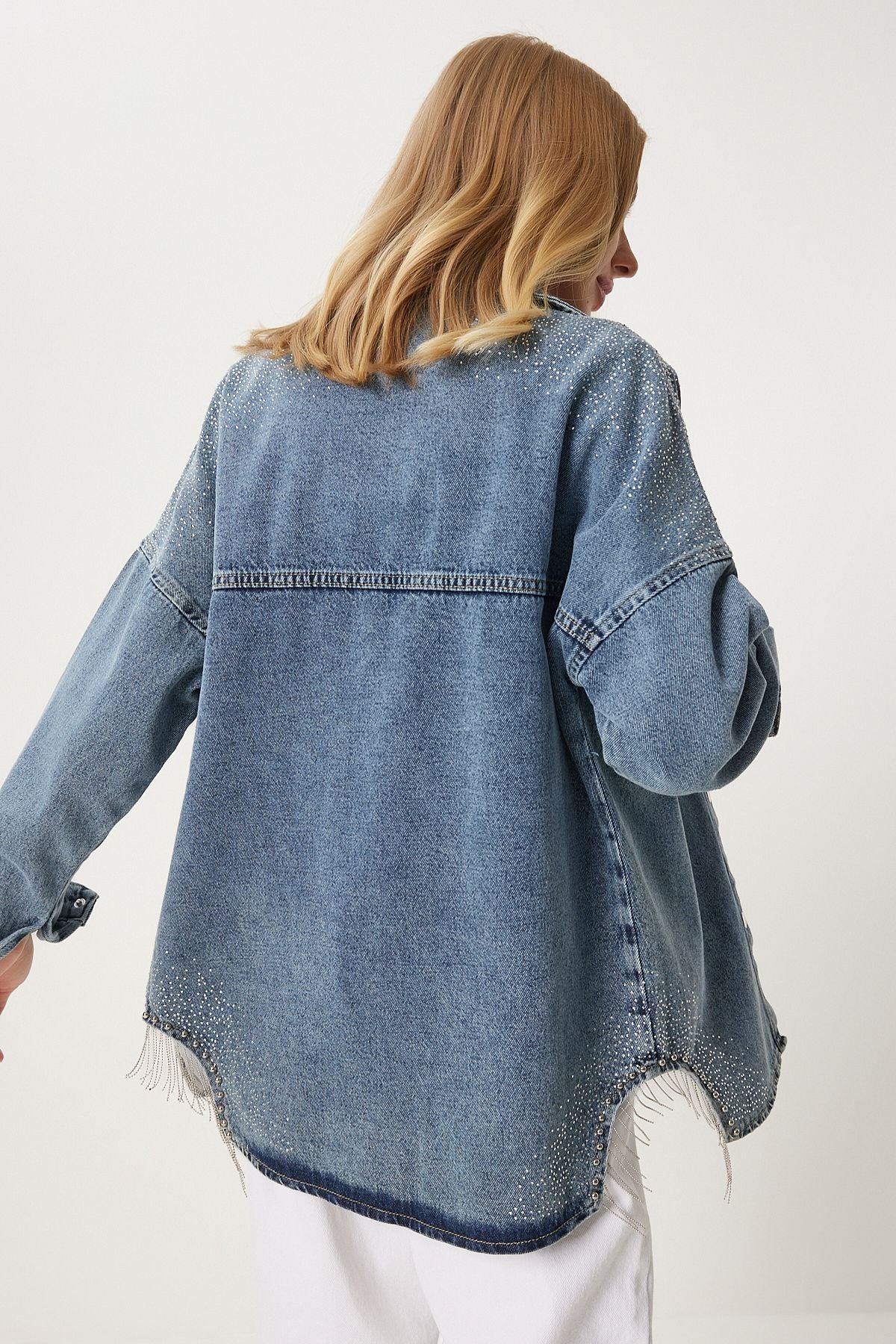 Woman Light Blue Chain Detailed Oversize denim jacket es00169