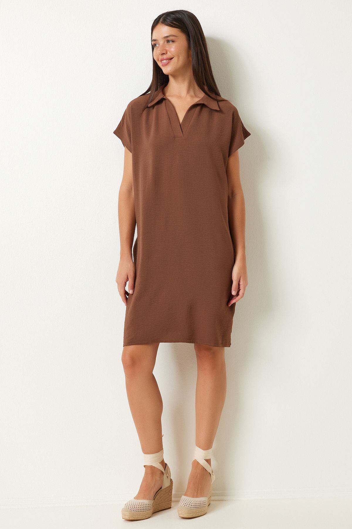 Female Brown Polo Yaka Summer Abundant Linen Ayrrin Dress to00138