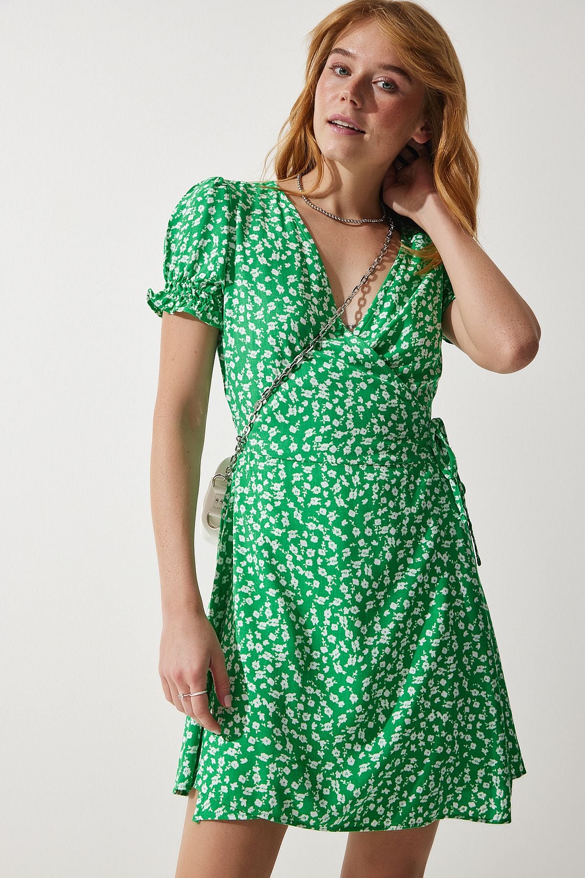 Female green patterned viscose weaving dress ub00111
