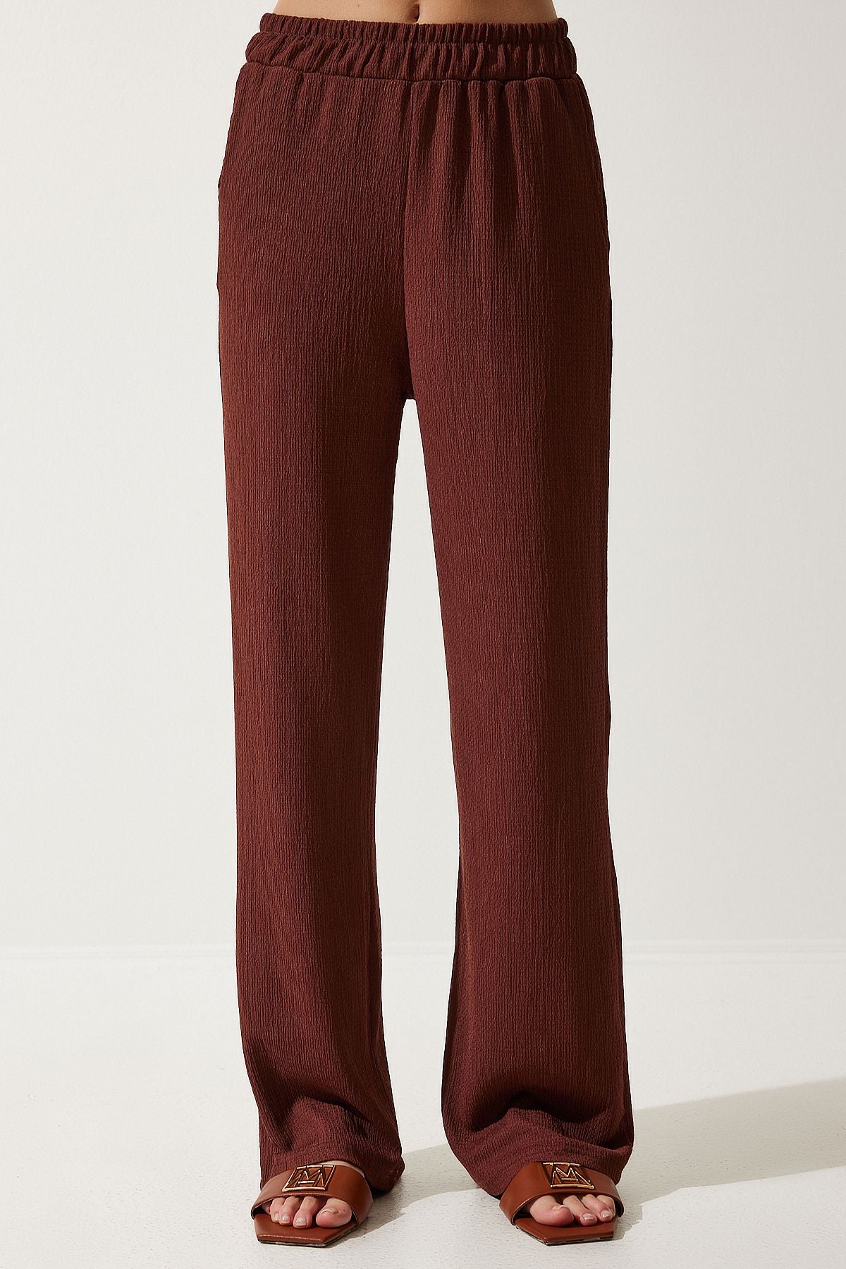 Female brown comfortable knitted shirt pants set KH00090
