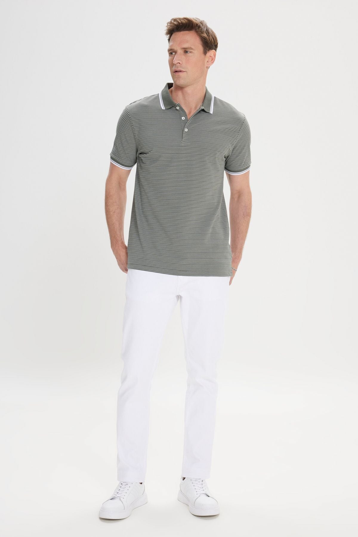 Men's Khaki-White Slim Fit Narrow Cut Cotton striped Polo Yaka T-shirt