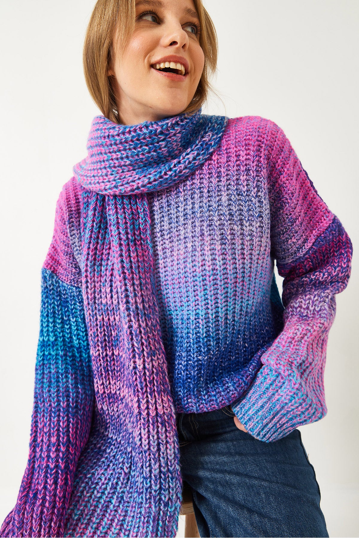 Women's Crew Neck Knitted Scarf Sweater TK241217 60261174