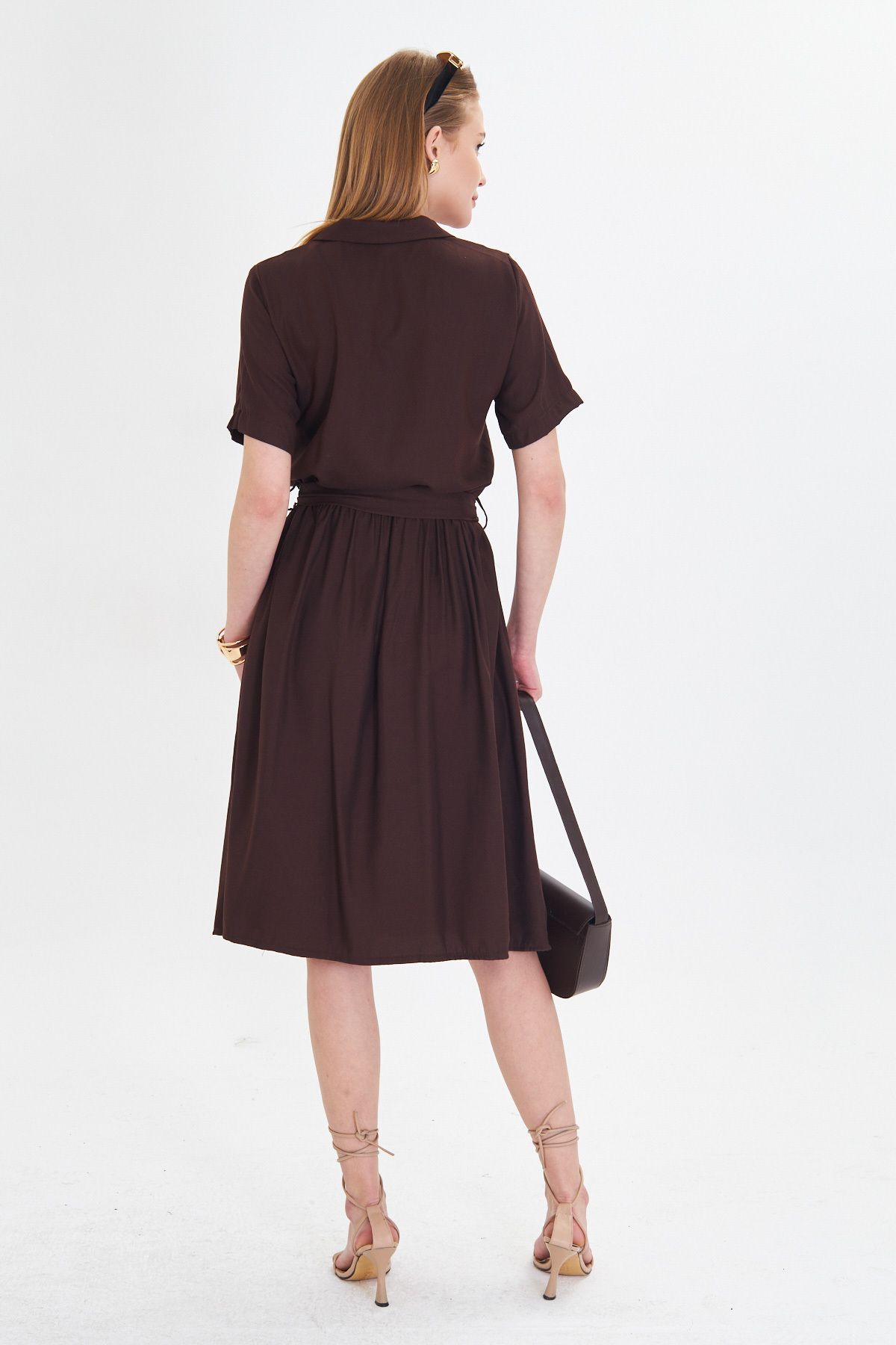 Woman Dark Brown front buttoned waist shirred belt midi size dress ARM-24Y001068
