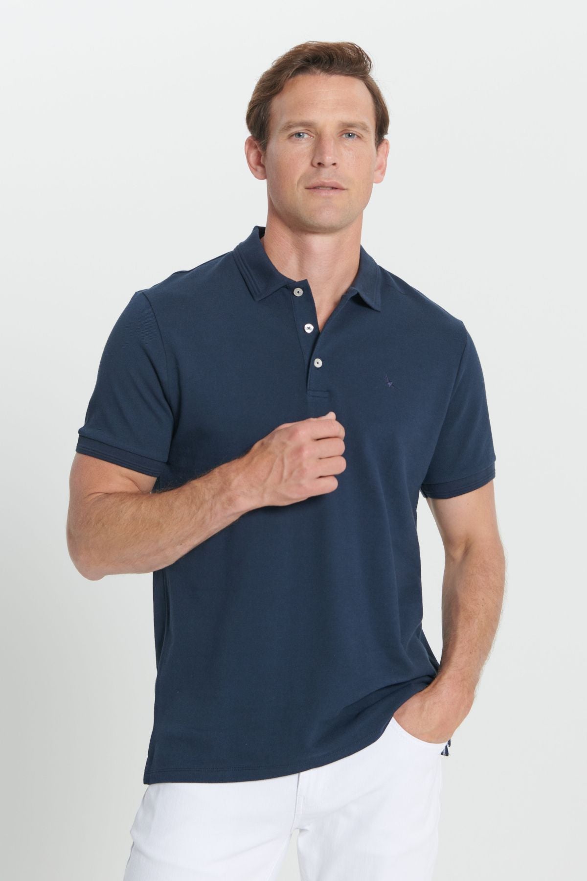 Men's navy blue slim fit narrow cut polo collar 100 %cotton short sleeve t -shirt