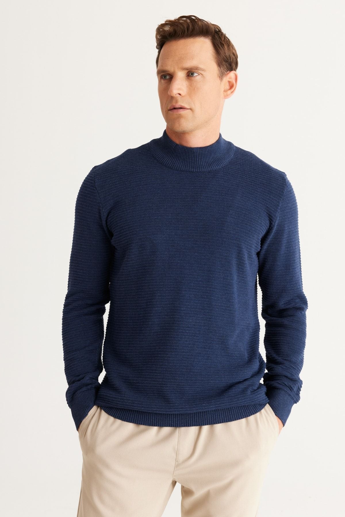 Men's Indigo standard fit half fisherman collar cotton patterned knitwear sweater