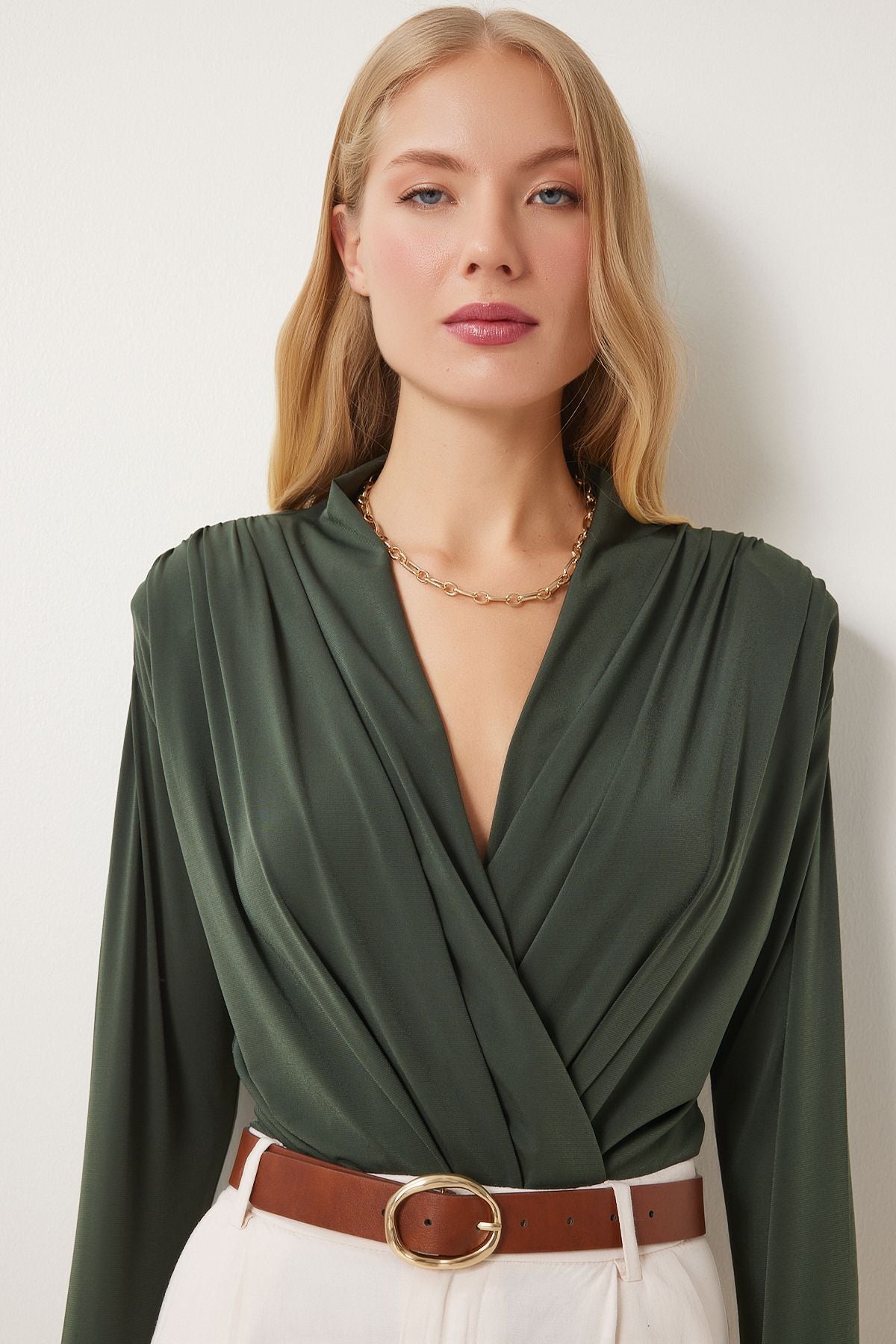 Women Khaki Anvelop Yaka Sandy Blouse Zh00039
