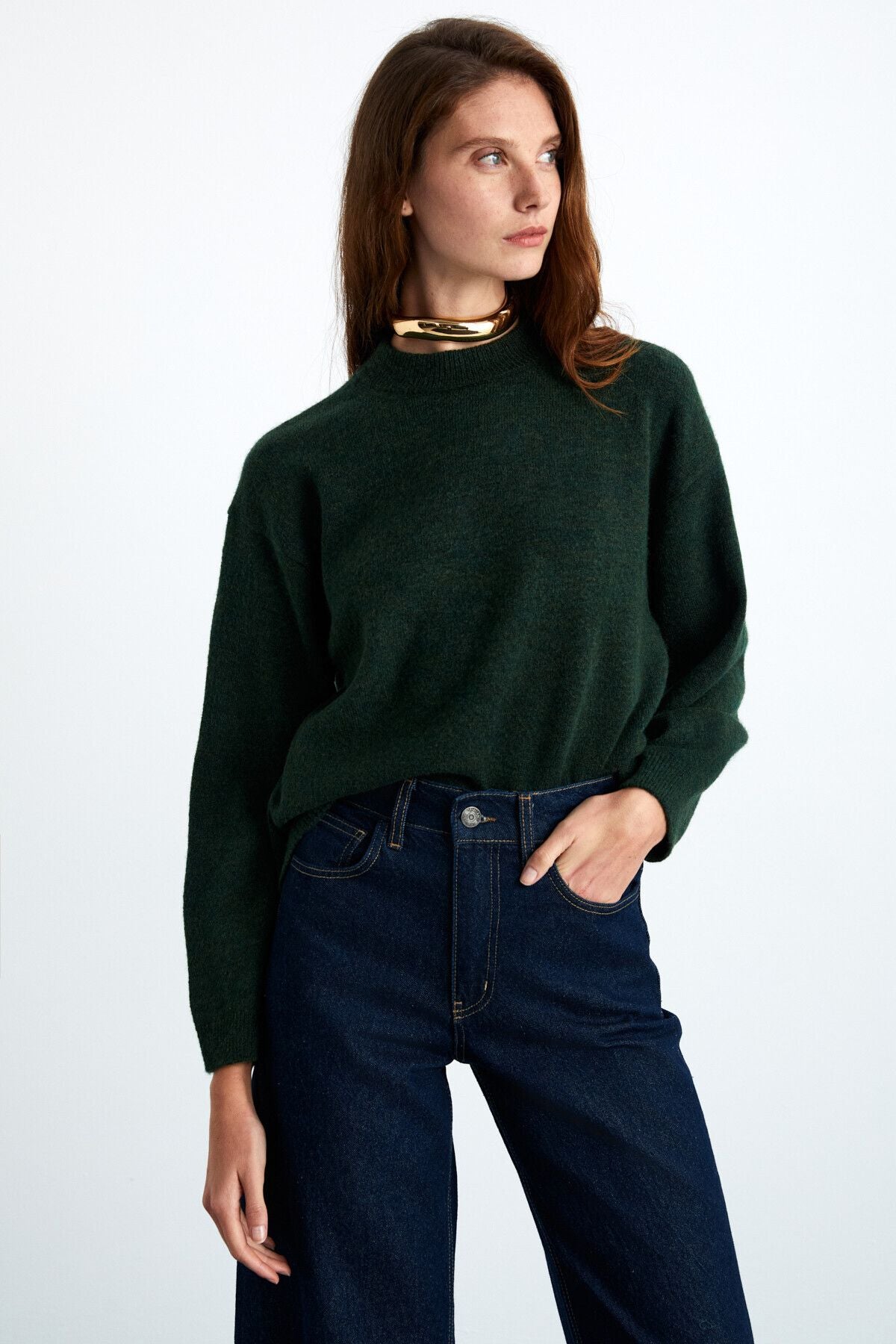 NANNA Female Acrylic-Poleryester Round Yaka Oversize knitwear dark green sweater