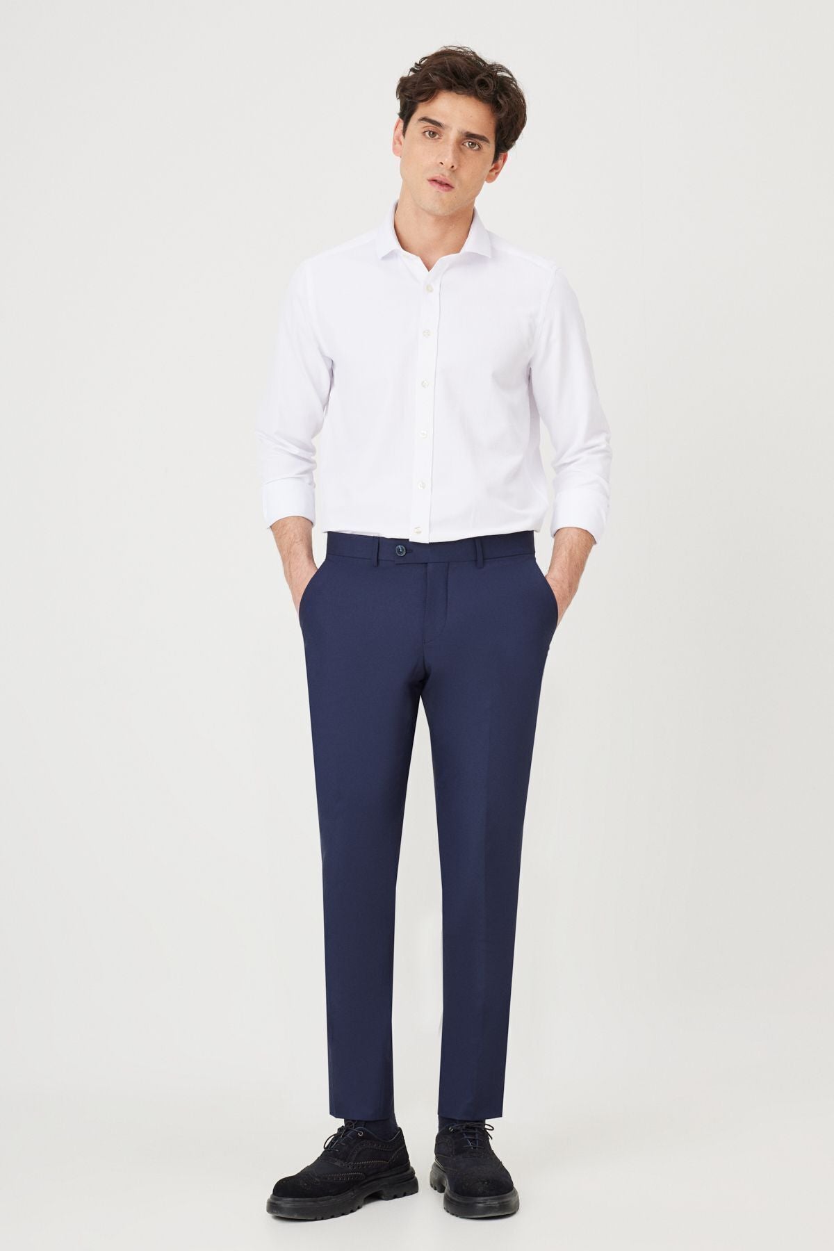 Men's navy blue slim fit narrow cut classic side pocket pants