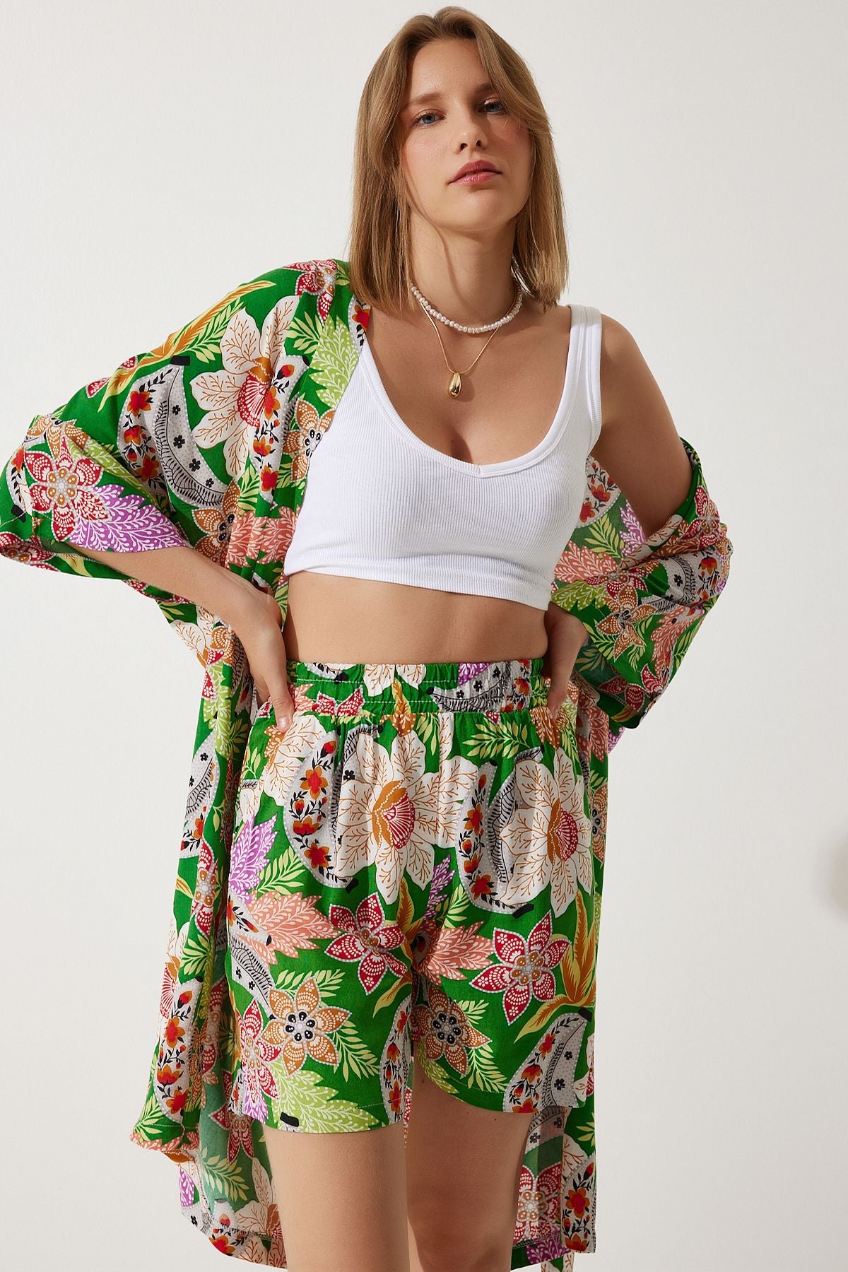 Female green cottage viscose kimono shorts team BP00161