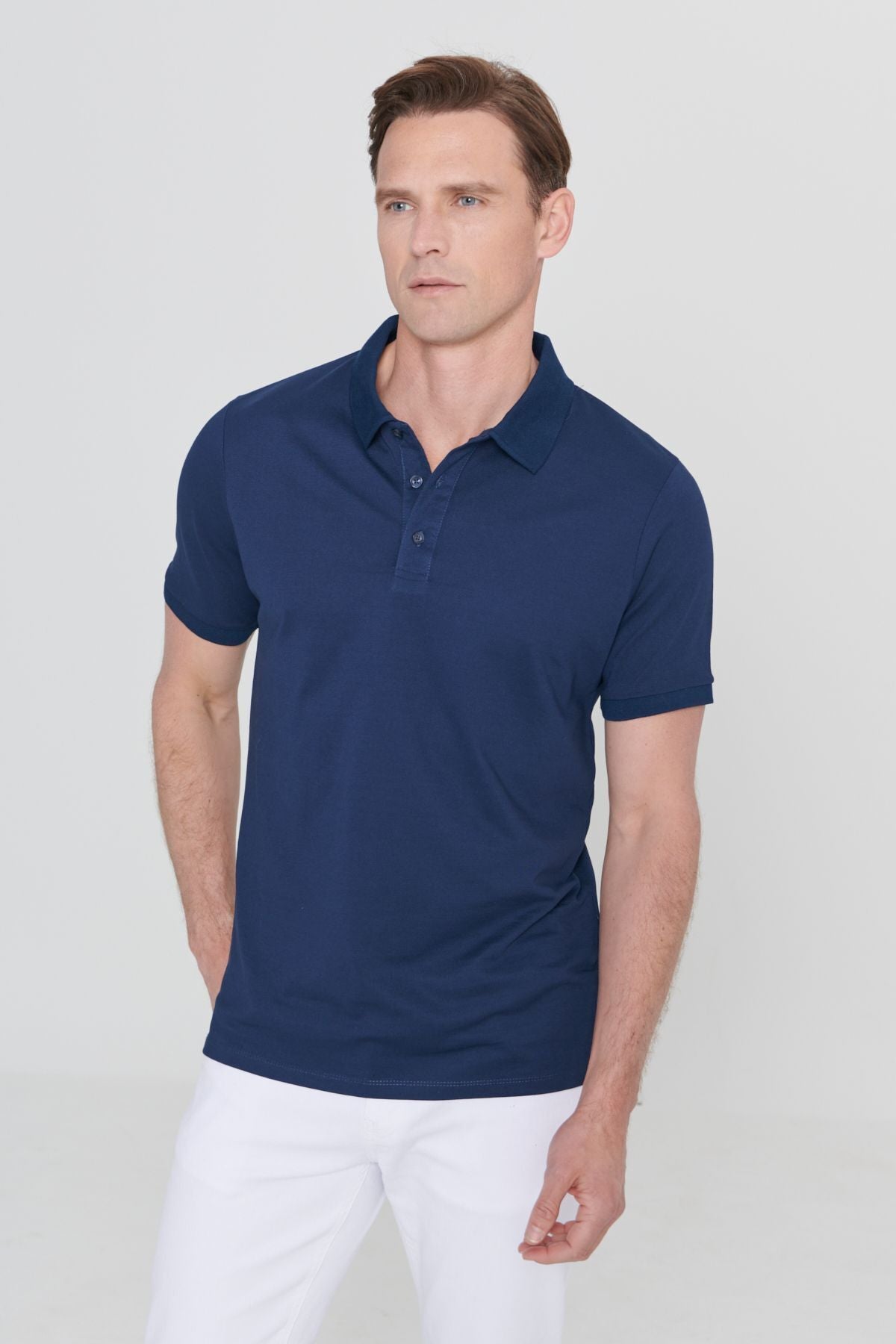 Men -Plugging Cotton Fabric Slim Fit Navy Cut Navy Blind Navy Blind Polo Yaka T -shirt