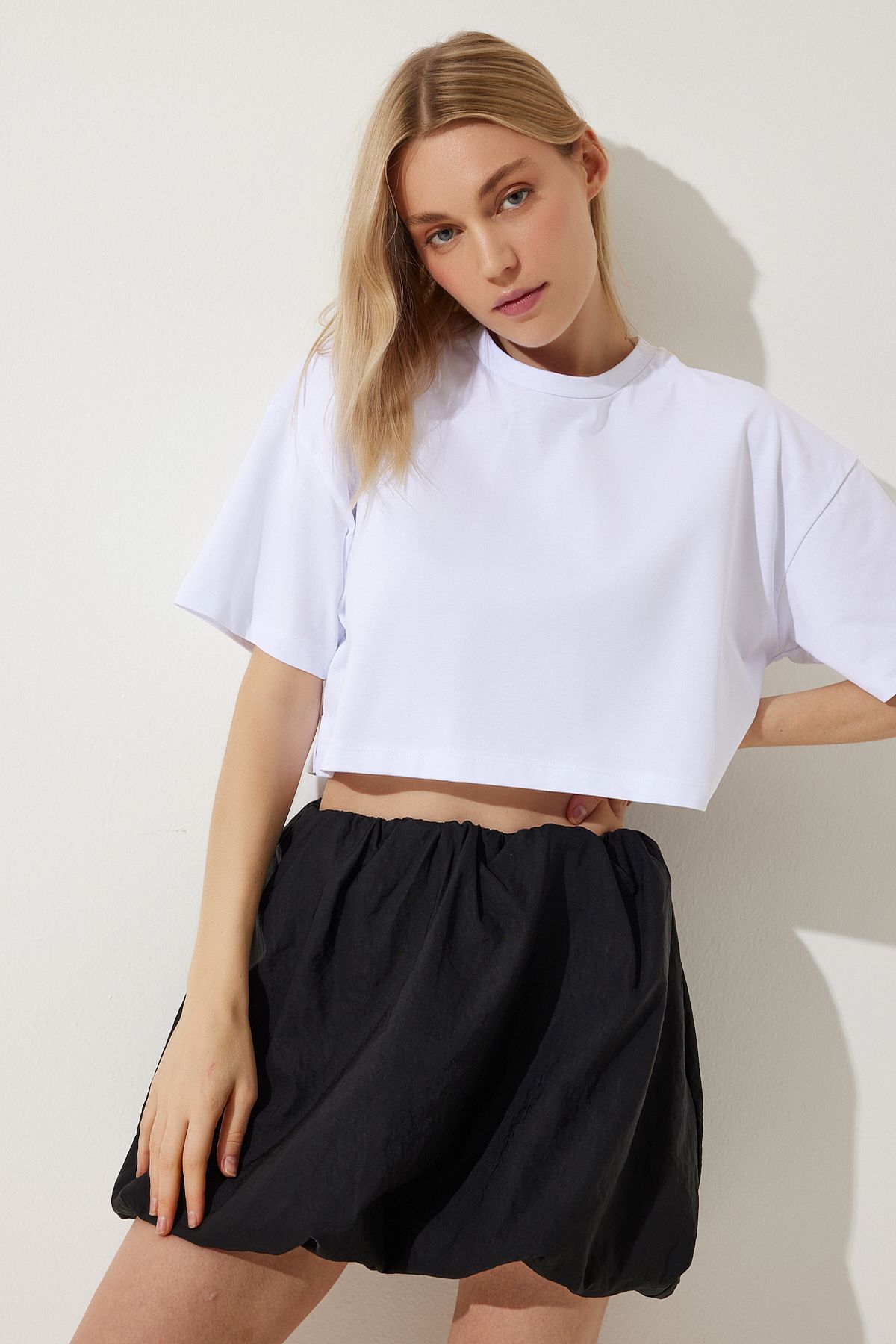 Woman White 100 %Cotton Oversize Crop knitting T-shirt BP00164