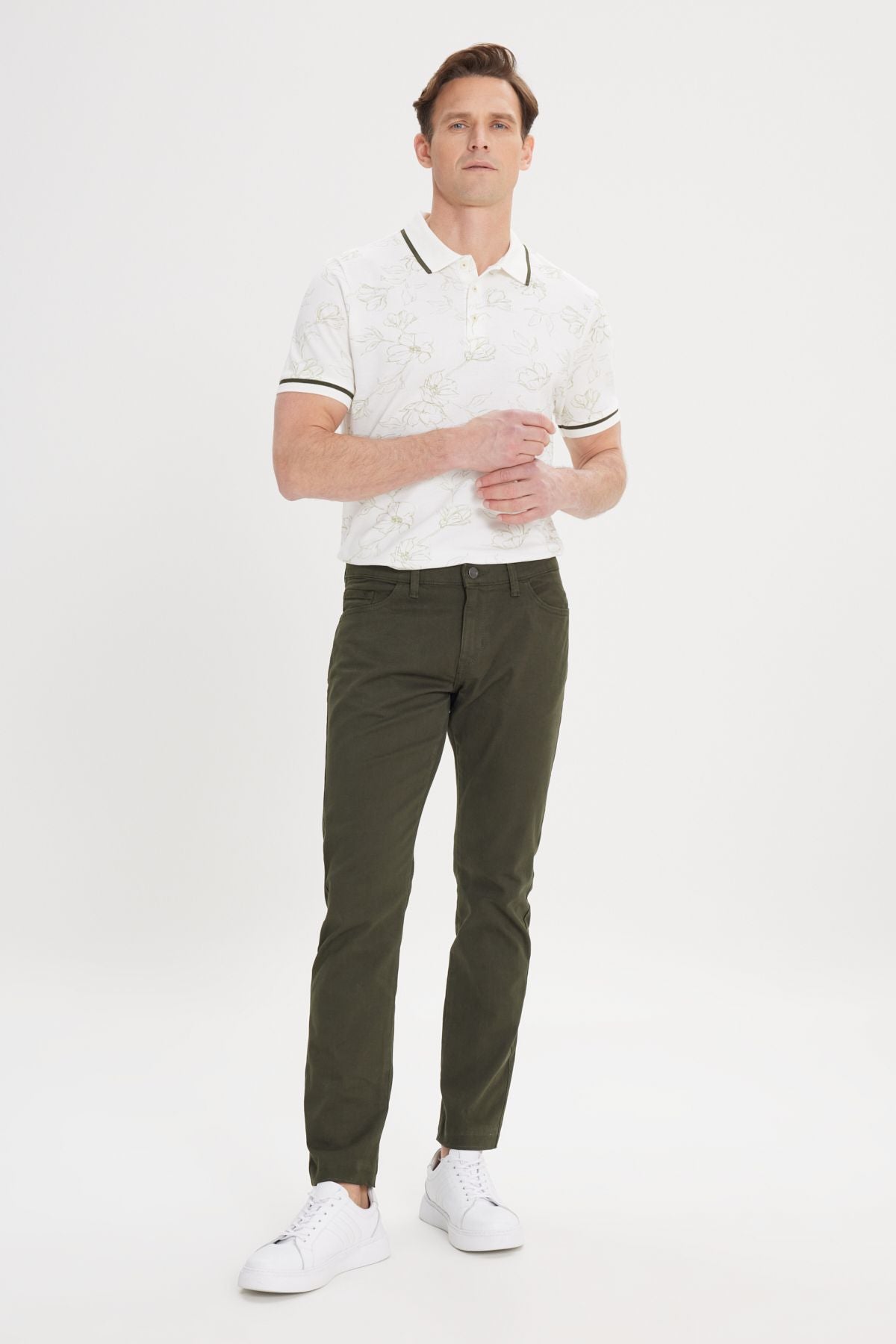 Men's Khaki Slim Fit Narrow Cut 5 pocket cotton canvas flexible chino pants