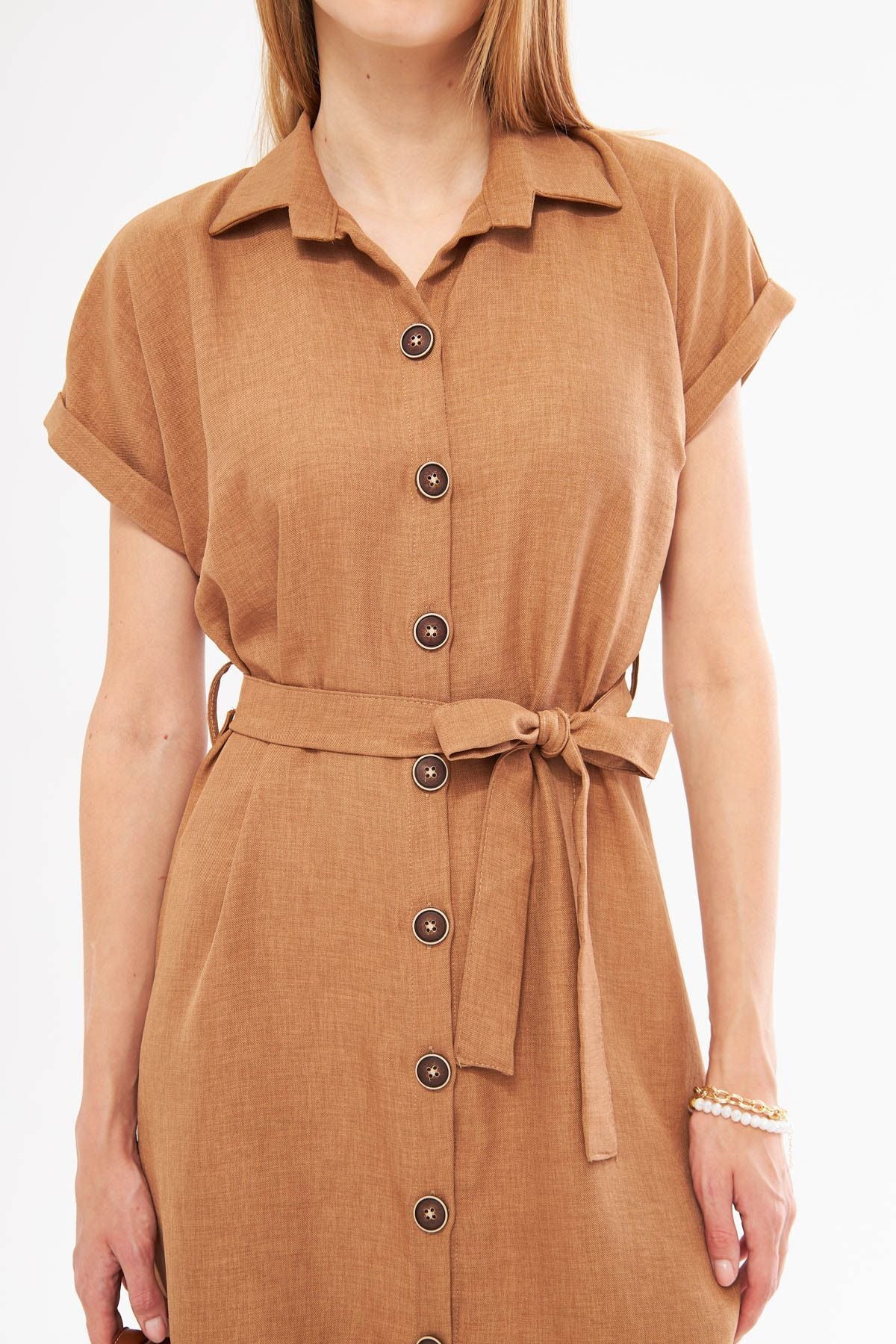 Woman Light Brown Linen Looking Waist Belt Short Sleeve Shirt Dress ARM-24Y001084