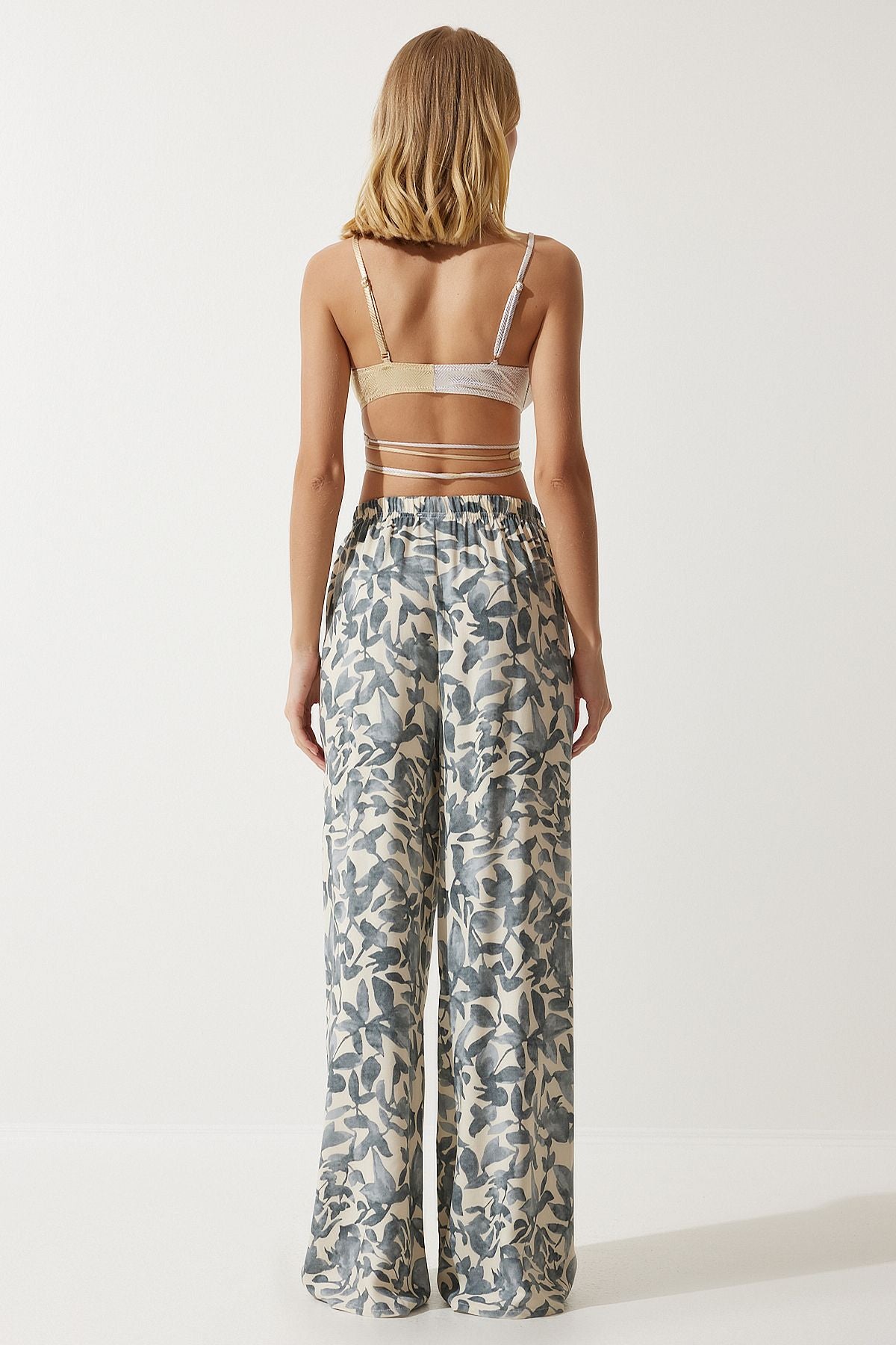 Women's Bone Gray Patterned Kimono Palazzo Pants Set EN00614