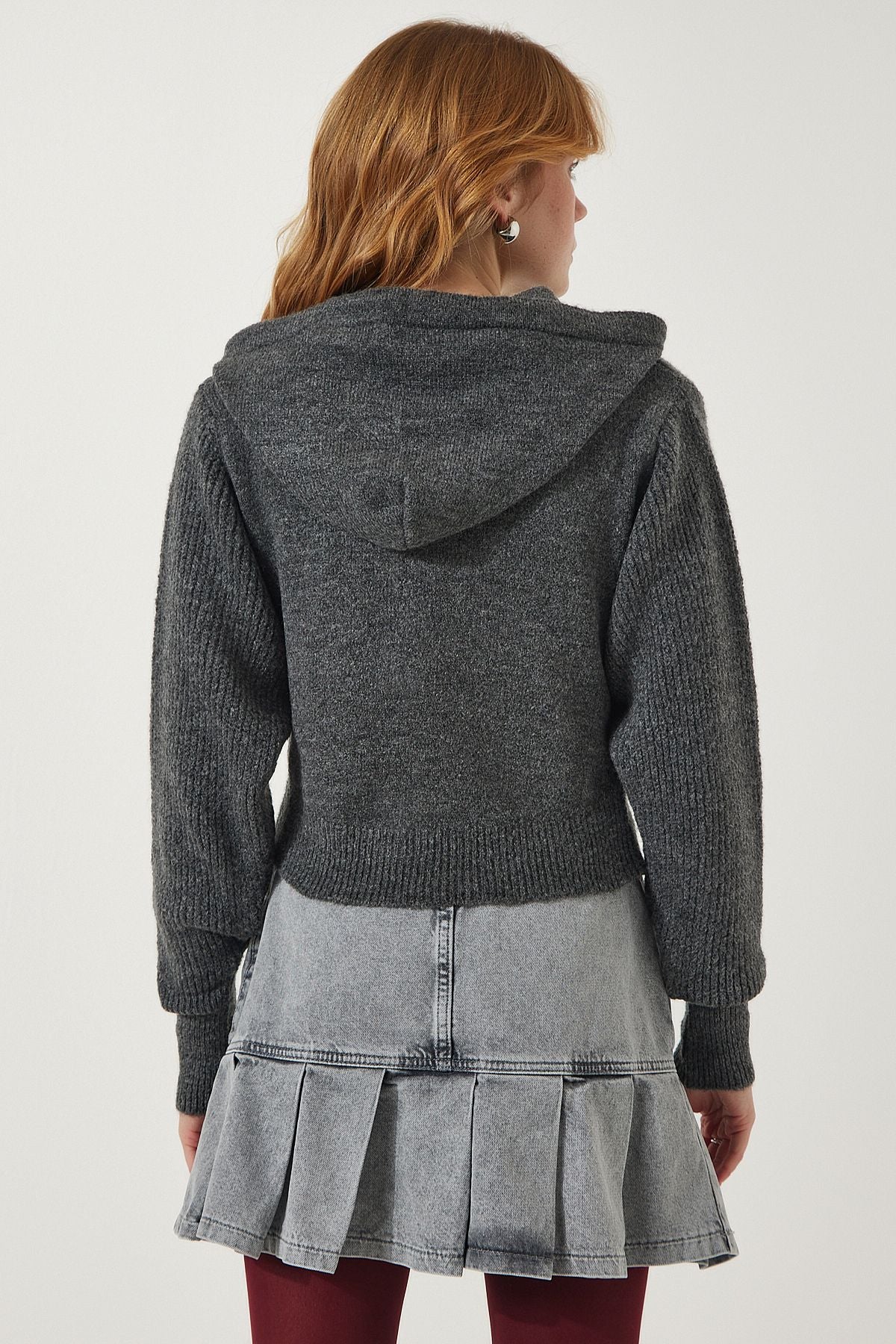 Female anthracit hooded zipper knitwear cardigan yy00203
