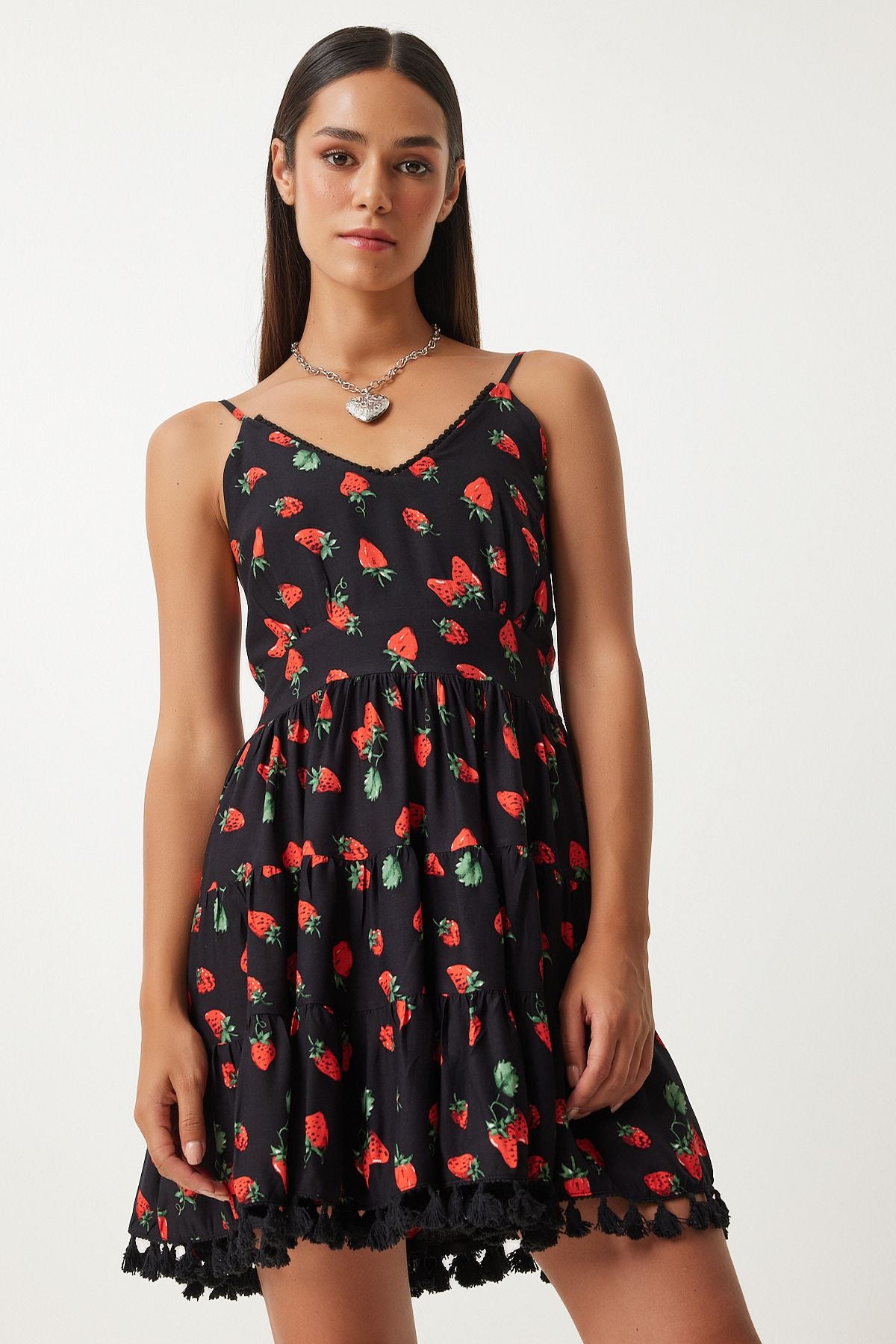 Woman Red Black Patterned Summer Viscose Dress FN03203