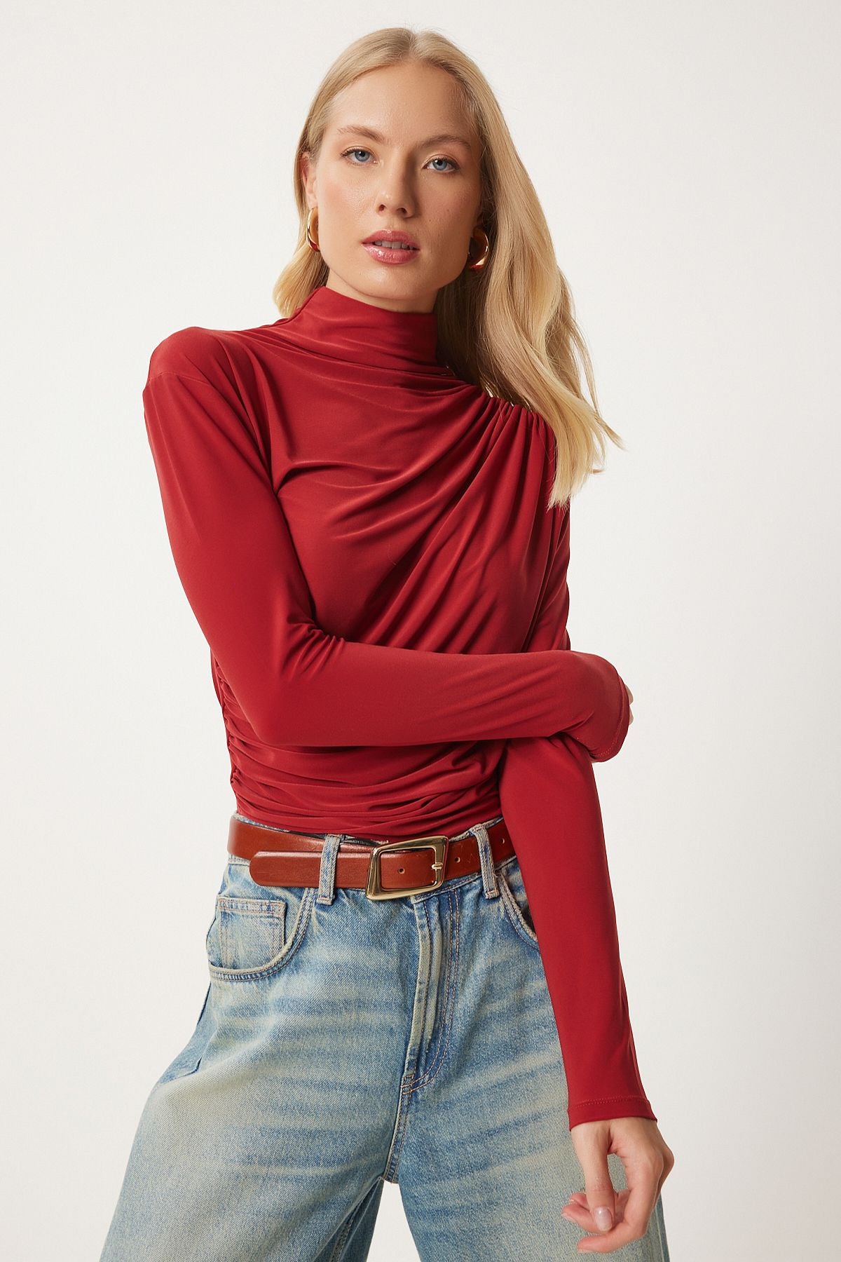 Female tile shirring detailed upright collar sandy blouse FF00135