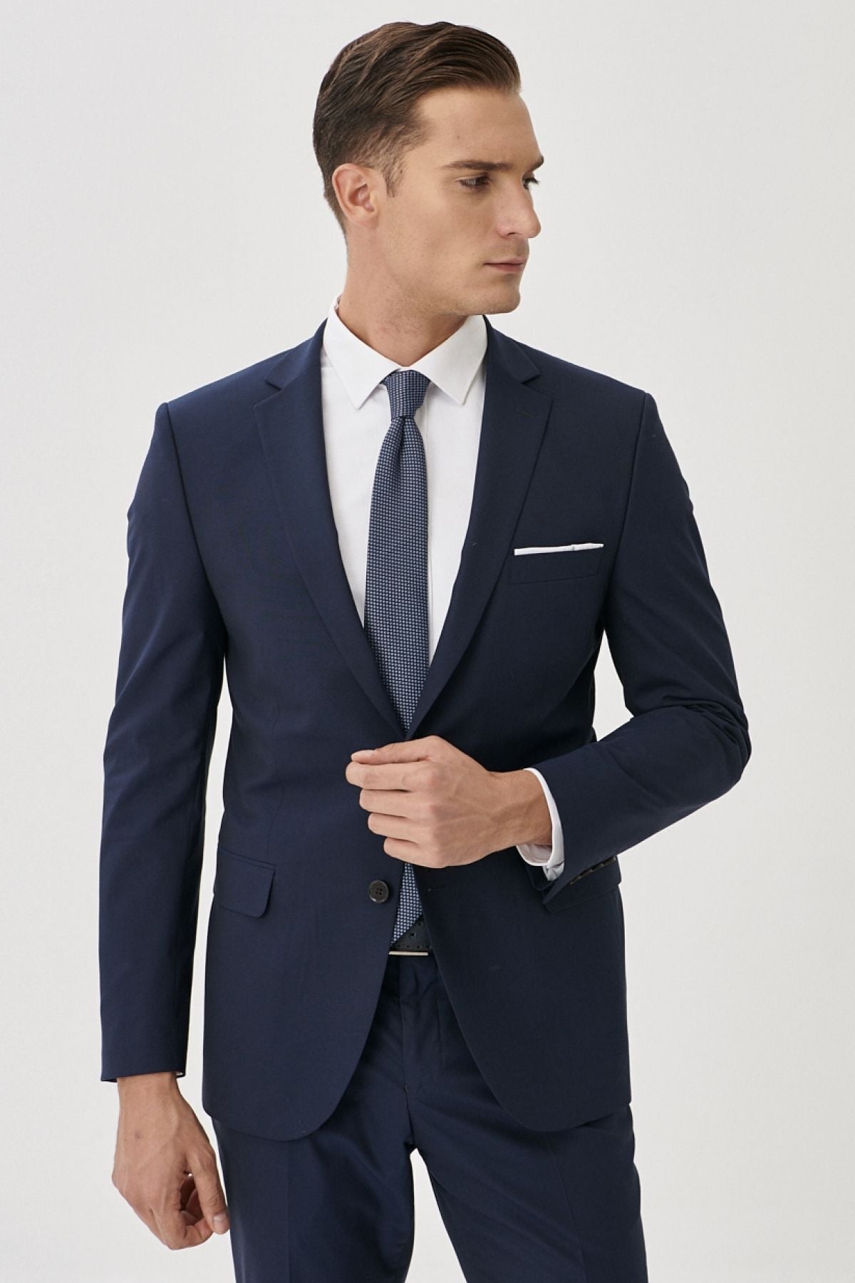 Men's navy blue slim fit narrow cut mono collar suit suit