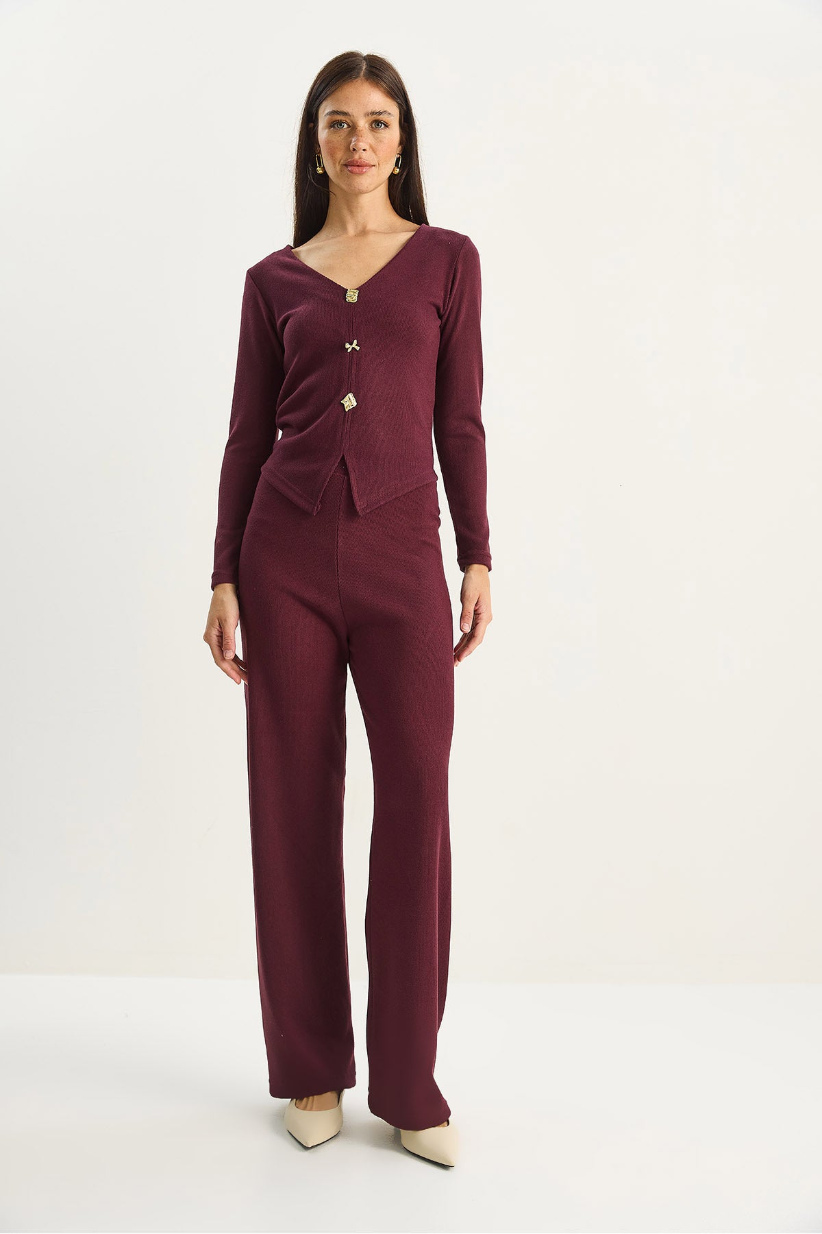 Women's V-Neck Button Accessory Selanik Bottom-Top Set 4107 60283782